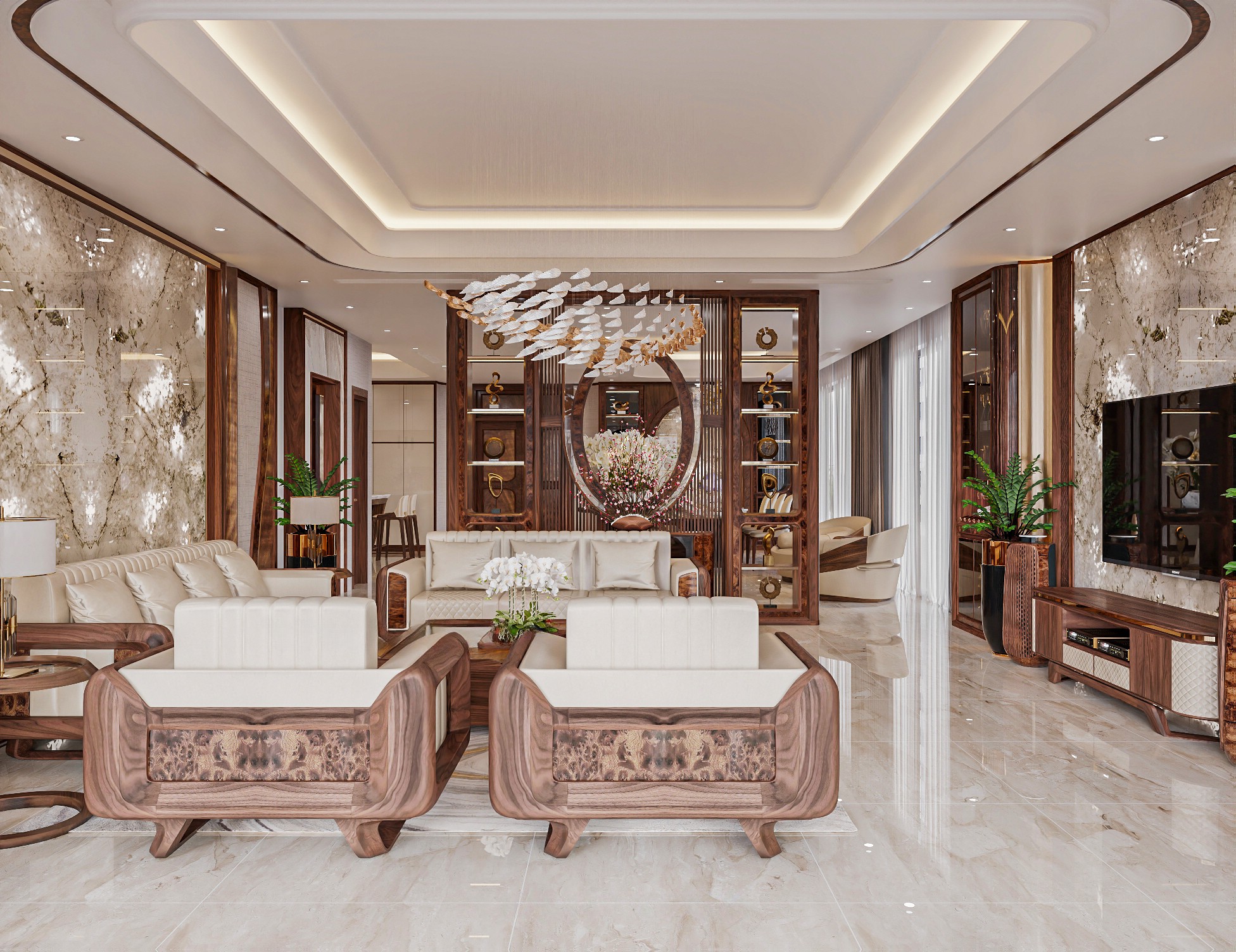 Nội thất phòng khách gỗ óc chó tông trắng sáng hiện đại