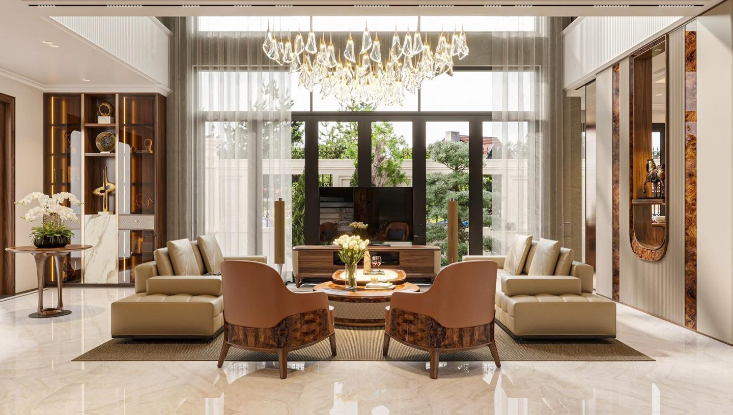 Nội thất phòng khách hiện đại bố cục sofa đối diện gỗ óc chó