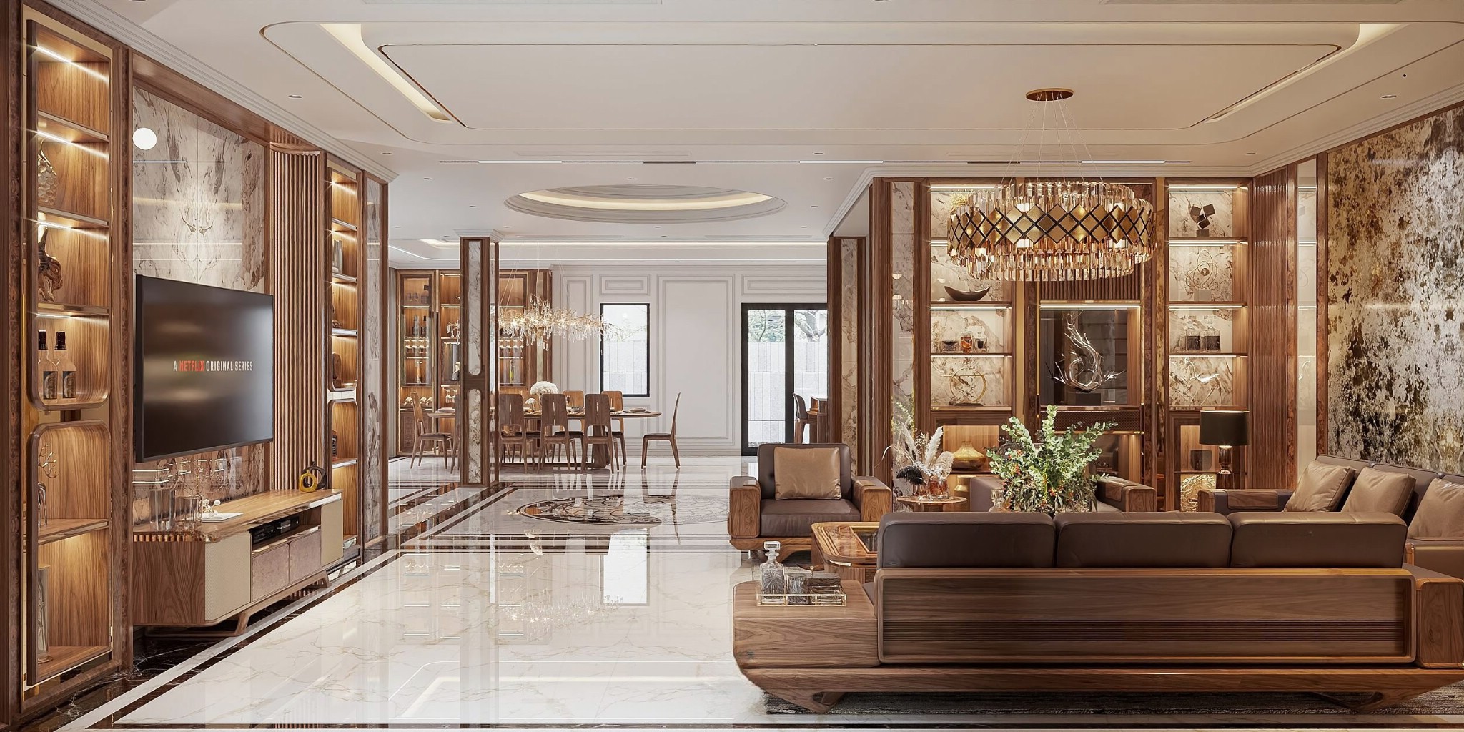 Nội thất phòng khách với sofa chữ U, bàn trà kính và hệ tủ kệ trang trí