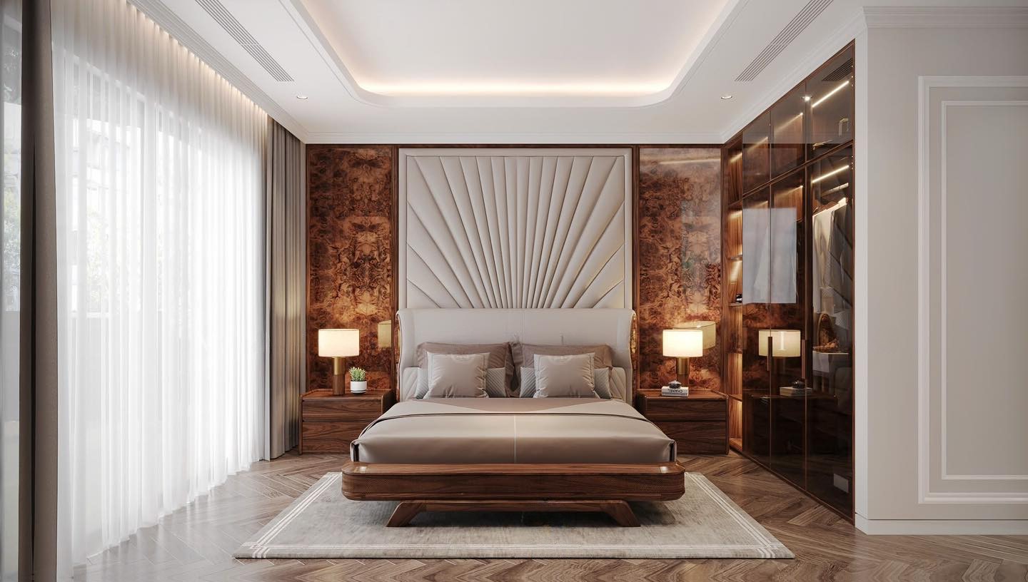 Nội thất phòng ngủ hiện đại với giường gỗ óc chó và tủ quần áo kính âm tường