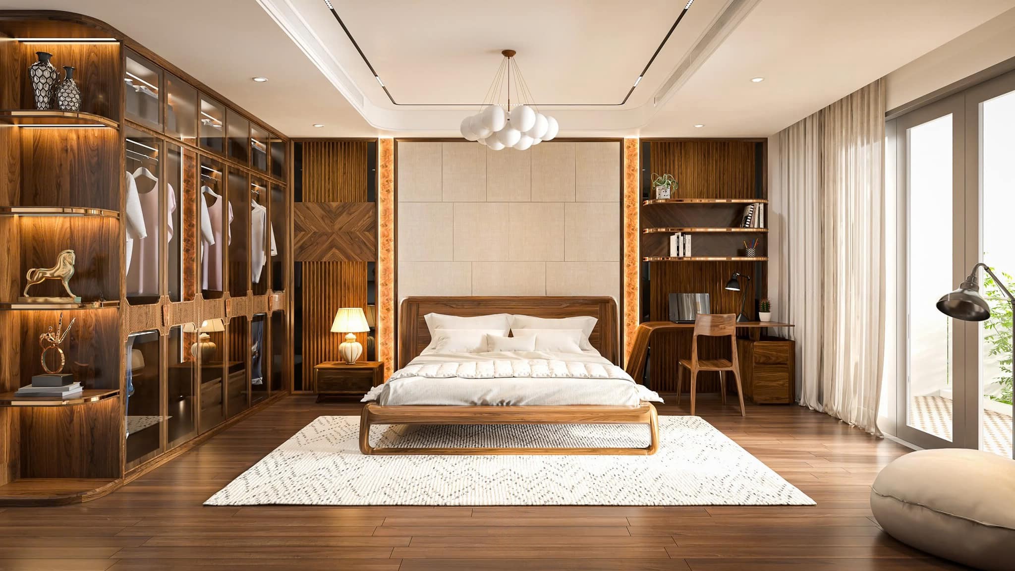 Nội thất phòng ngủ master hiện đại với tủ quần áo kính và giường gỗ óc chó