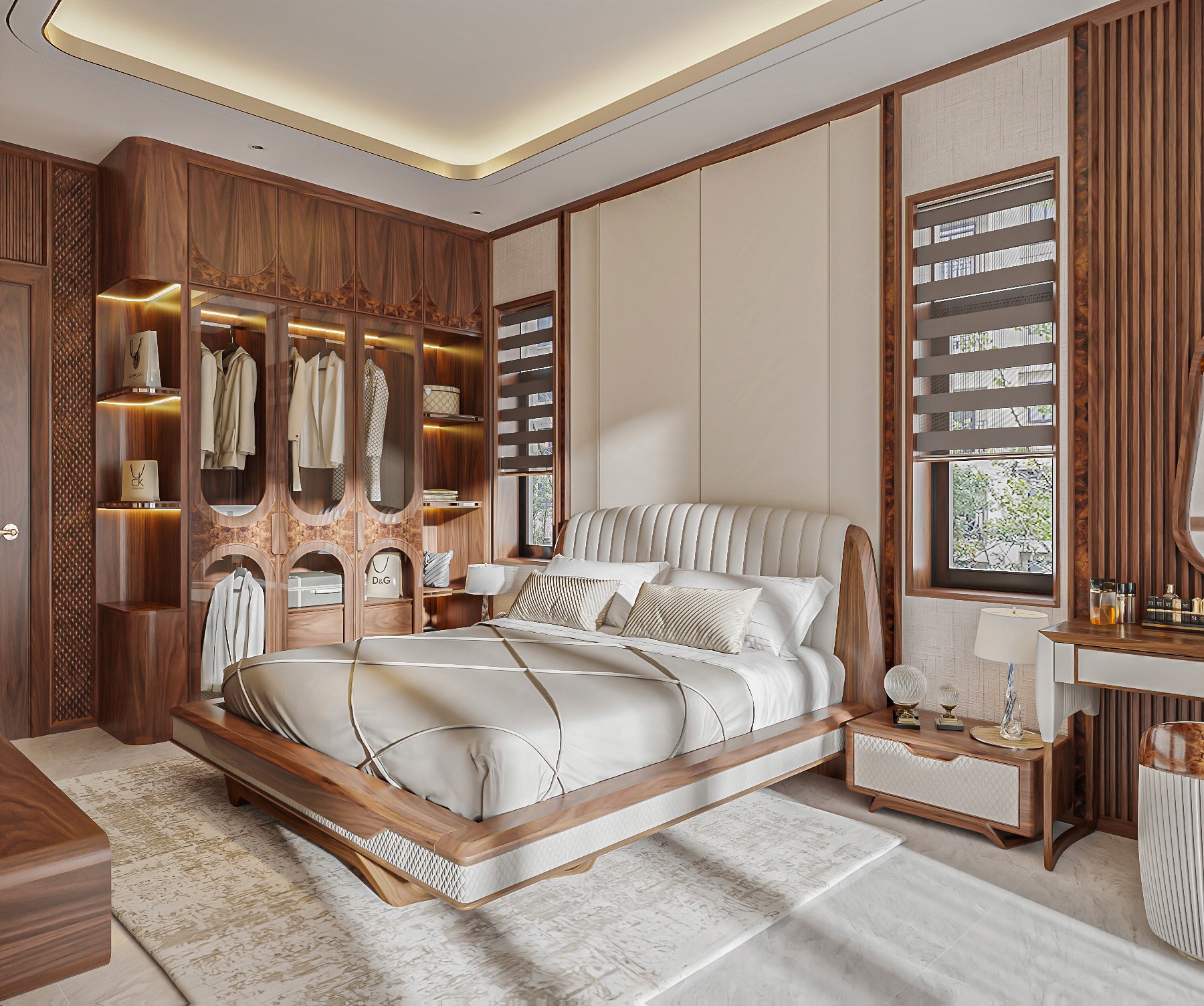 Nội thất phòng ngủ sang trọng với tủ kính viền vòm, giường bọc nệm chần quả trám và vách lam sóng – mắt cáo