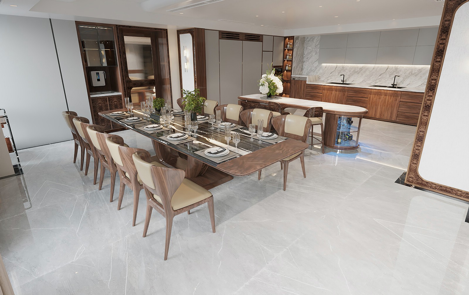 Nội thất phòng bếp gỗ óc chó, mặt đá marble, bàn ăn kính và tủ chữ L