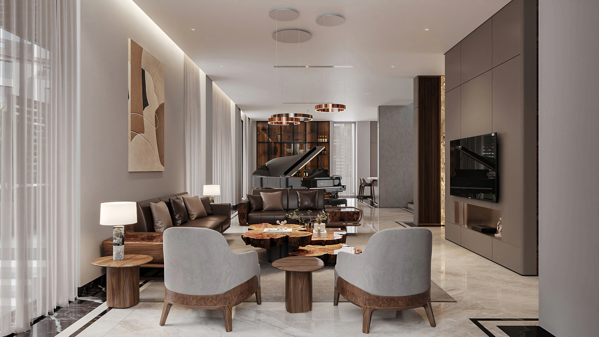 Phòng khách đẹp hiện đại với sofa gỗ óc chó và tủ âm tường