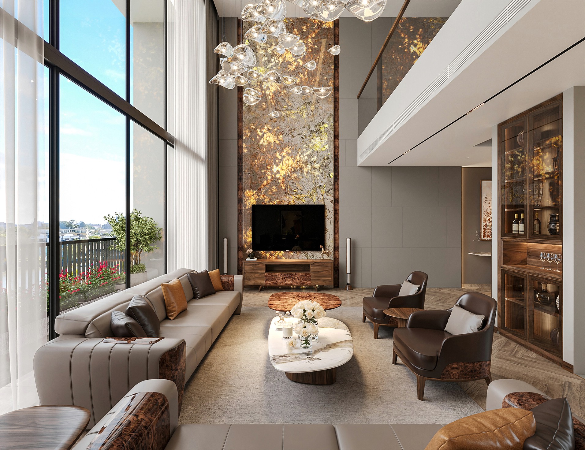 Phòng khách đẹp hiện đại với sofa và bàn trà cao cấp