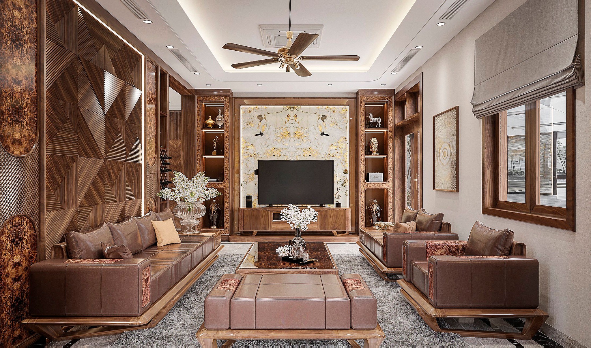 Phòng khách gỗ óc chó sang trọng với sofa, bàn trà và kệ tivi hiện đại