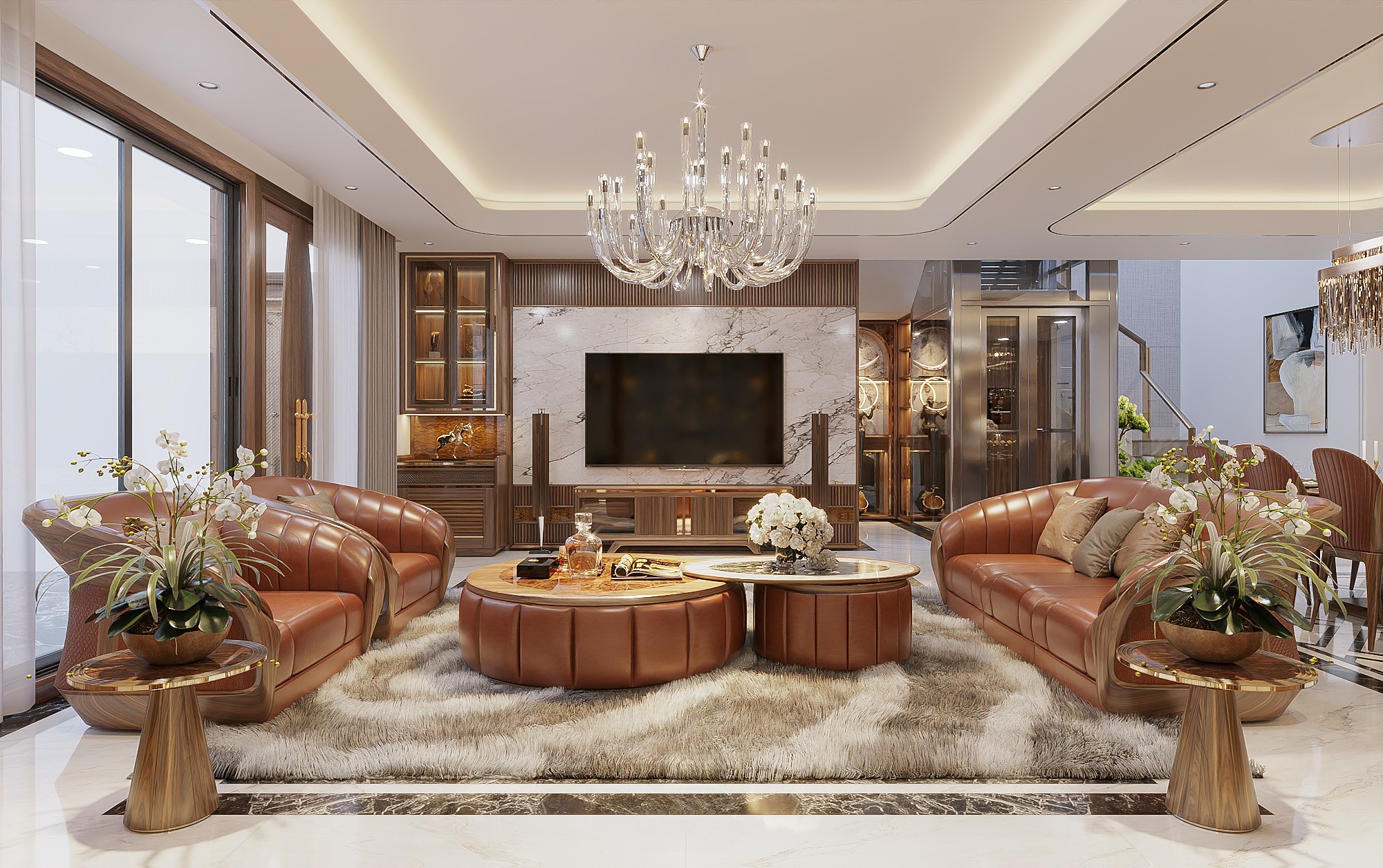 Phòng khách hiện đại sang trọng với sofa da bò và vật liệu cao cấp