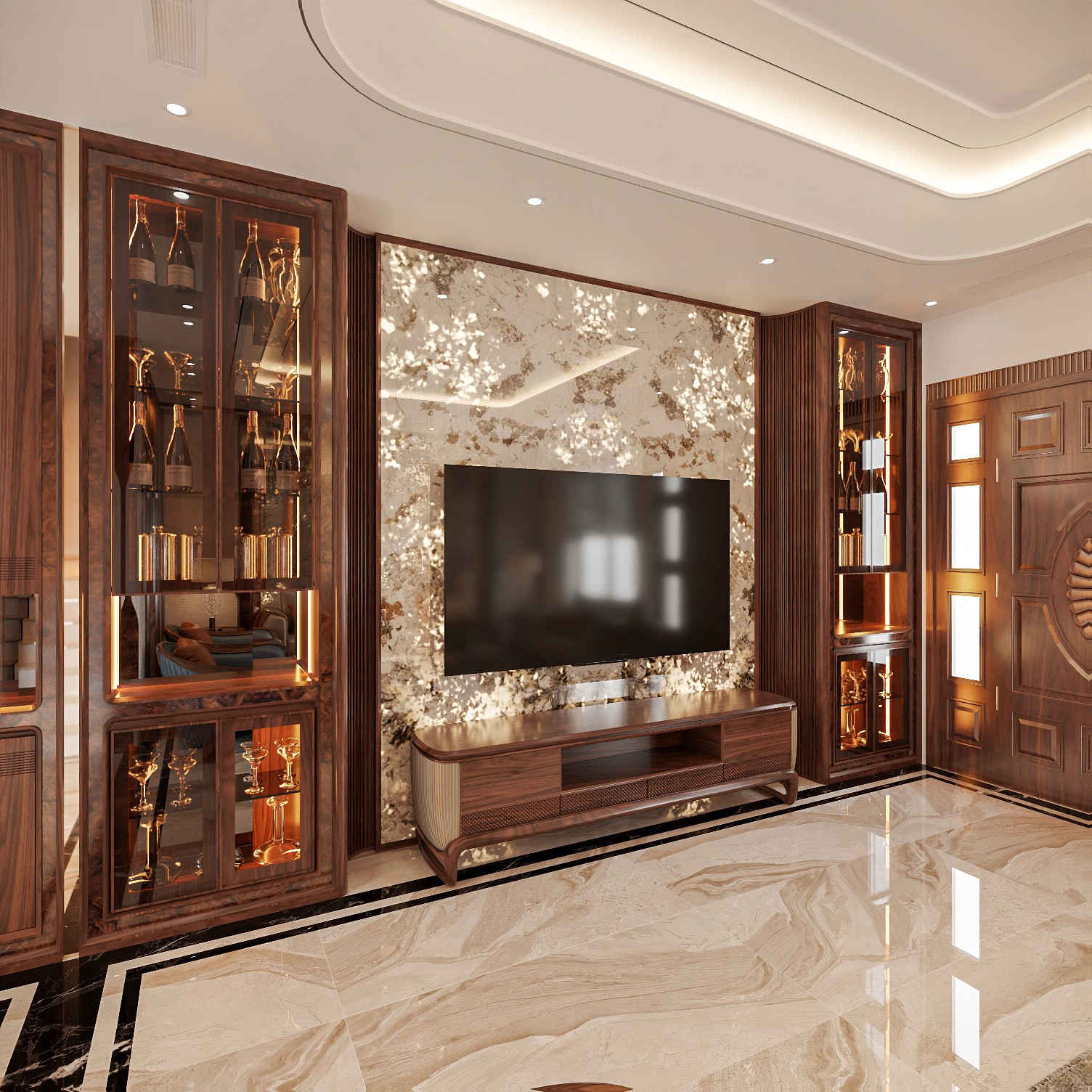 Kệ tivi kết hợp tủ rượu gỗ óc chó hiện đại