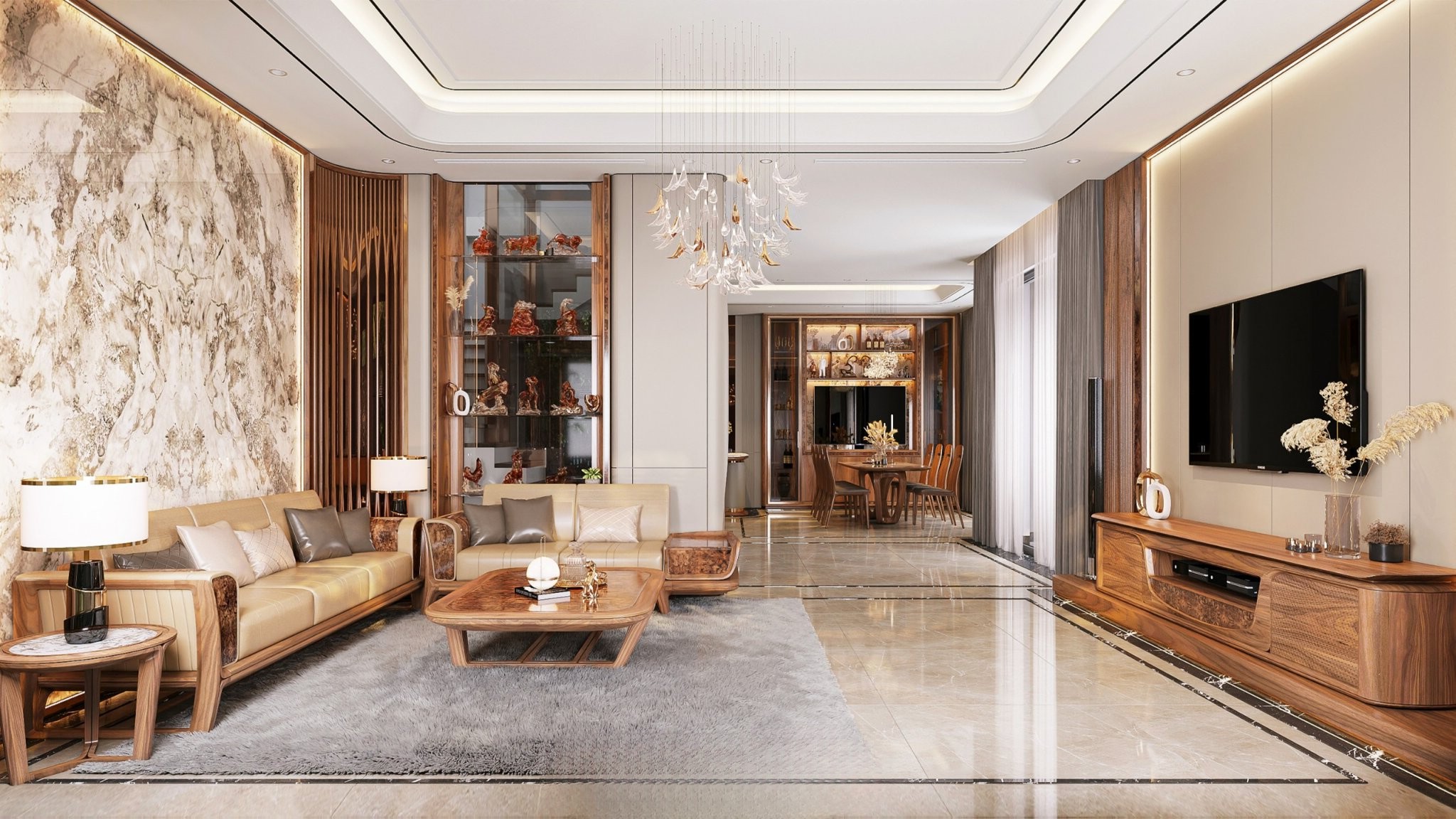 Phòng khách nhà ống 5m hiện đại sang trọng tông nâu sáng