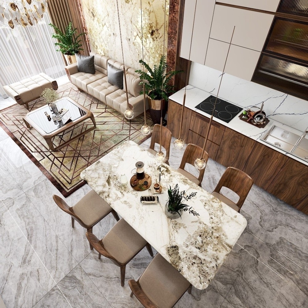 Phòng khách và bếp thông nhau trên cùng mặt sàn