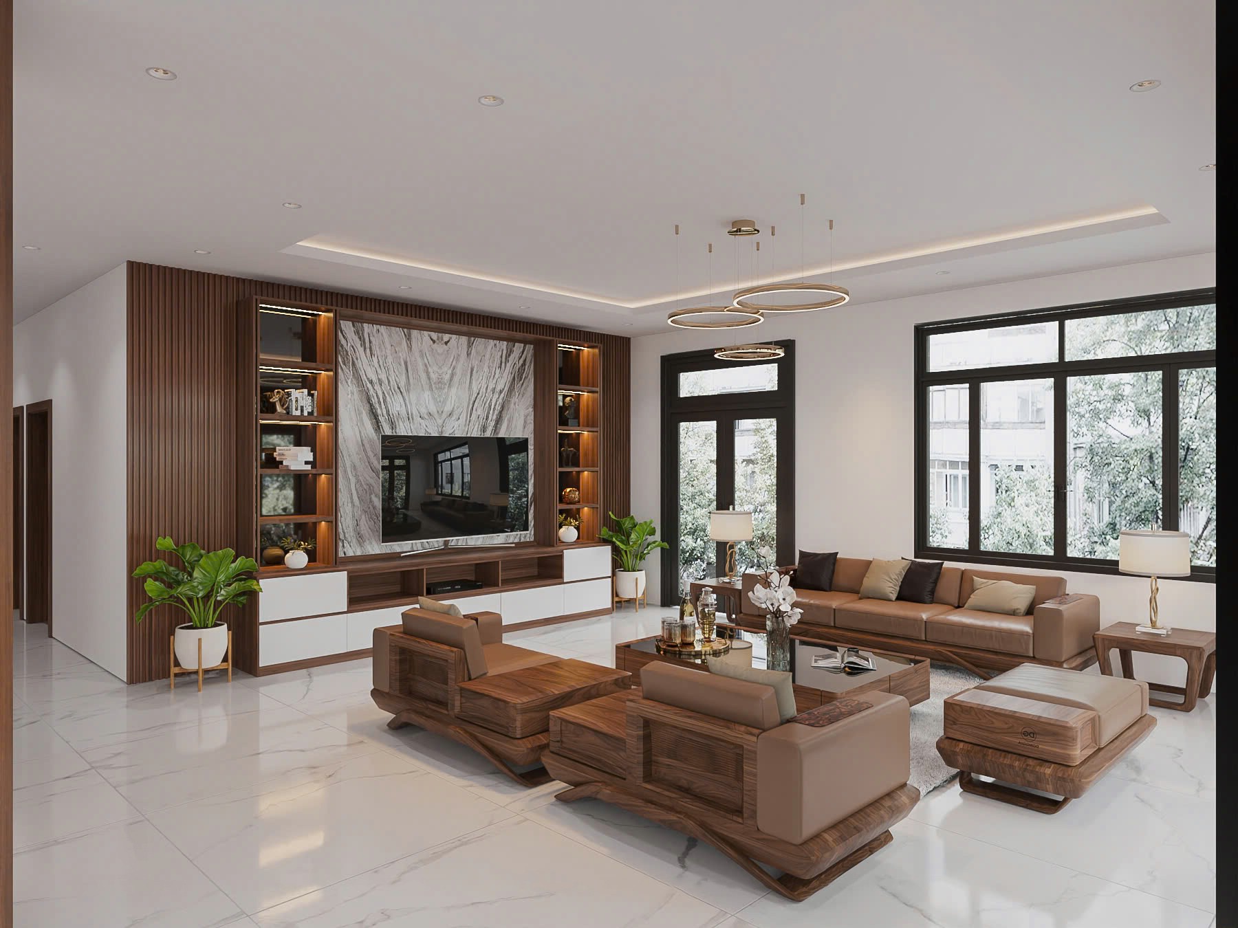 Phòng khách với sofa chữ U và kệ TV gỗ veneer phối trắng bóng