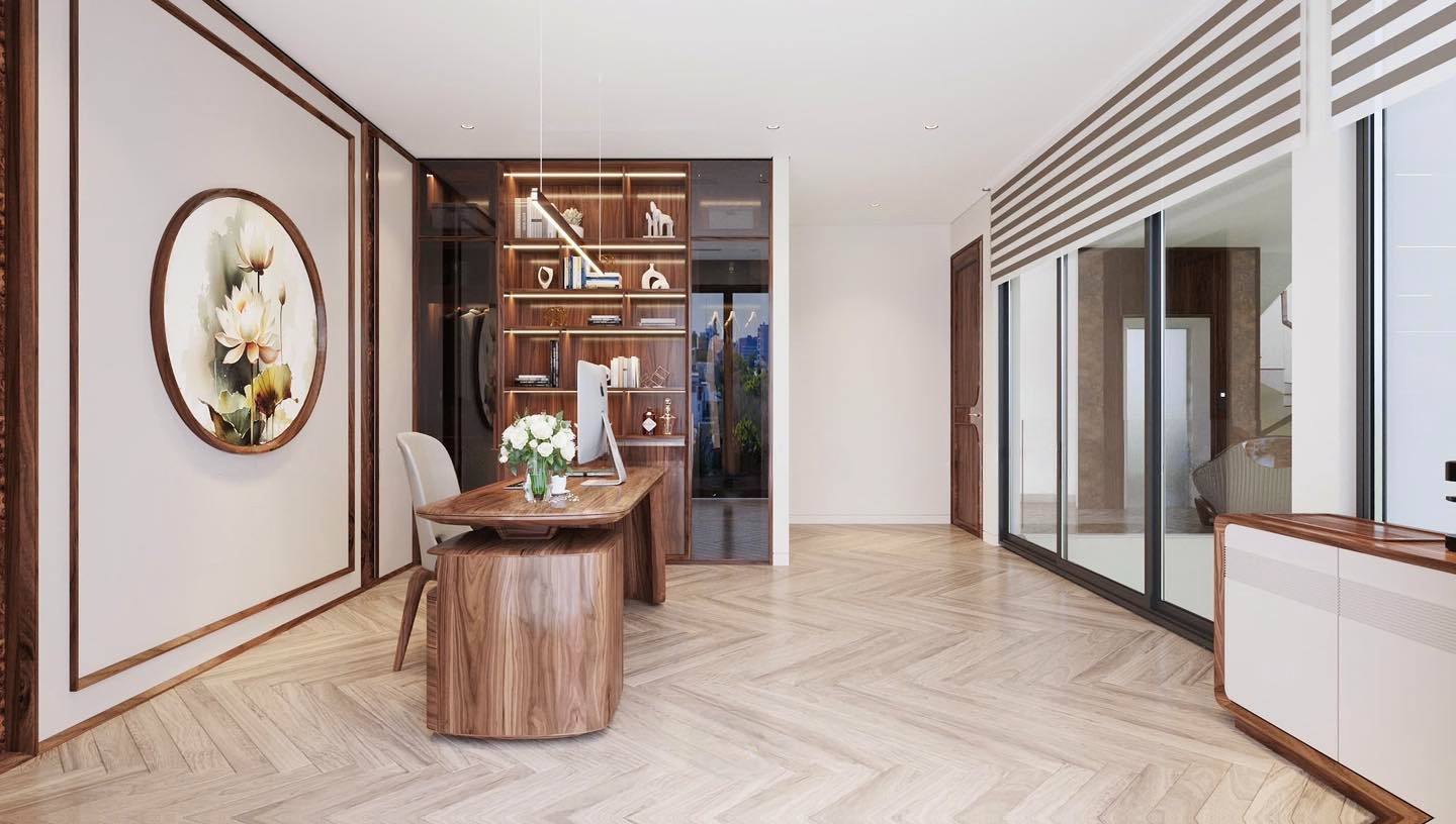 Phòng làm việc hiện đại gỗ óc chó với hệ tủ trưng bày kịch trần