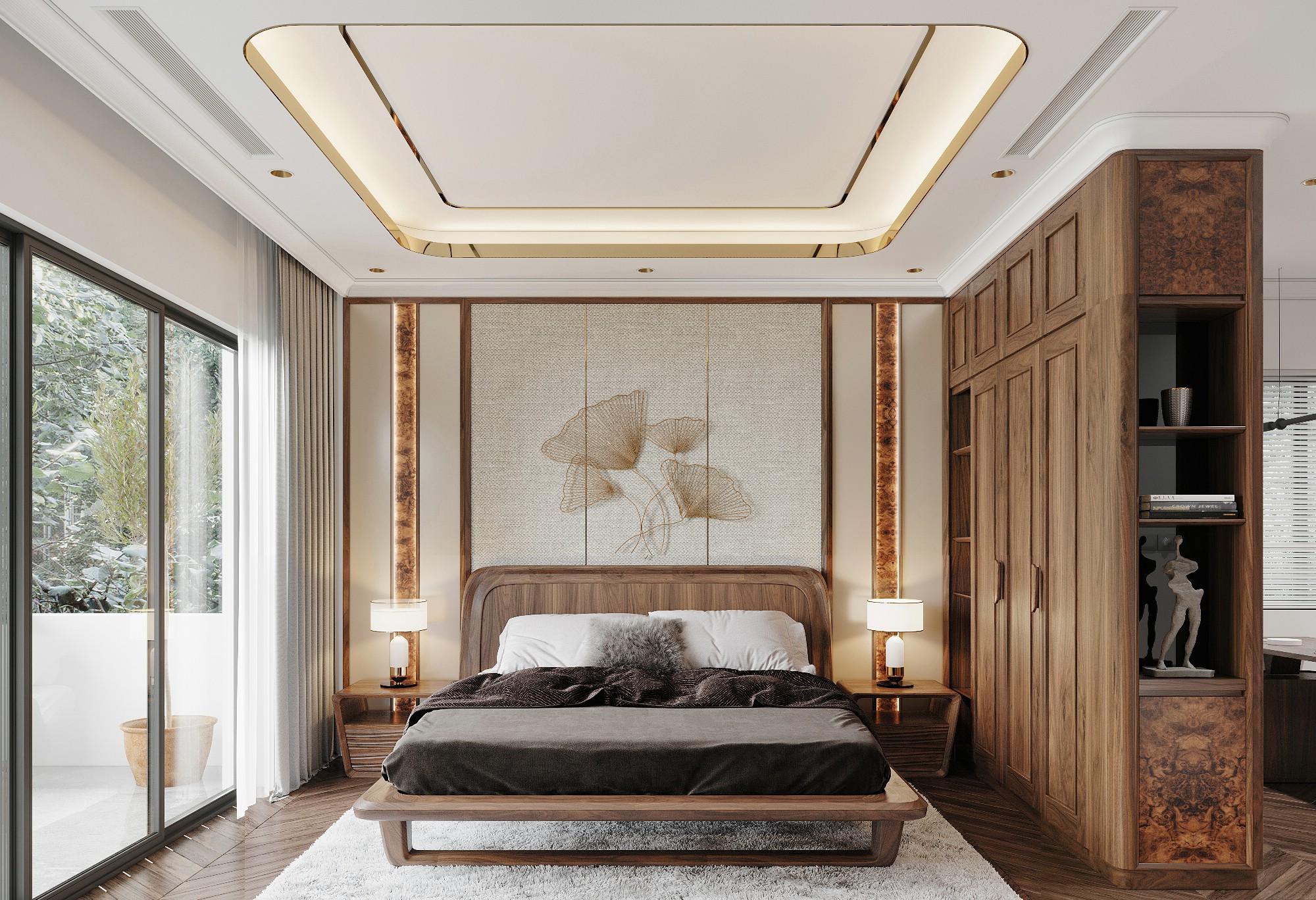 Phòng ngủ hiện đại sang trọng với giường gỗ óc chó và vách tường phối vật liệu cao cấp