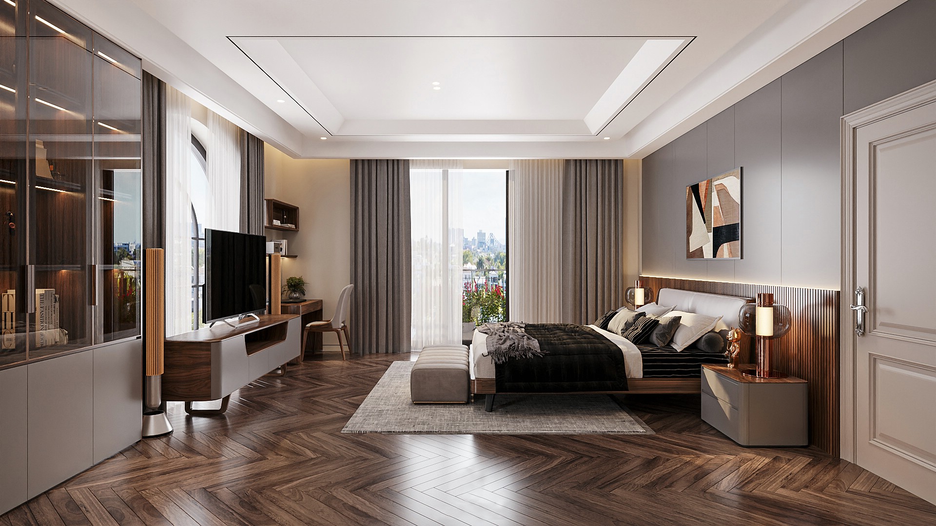 Phòng ngủ master hiện đại, phối màu ghi xám và gỗ óc chó