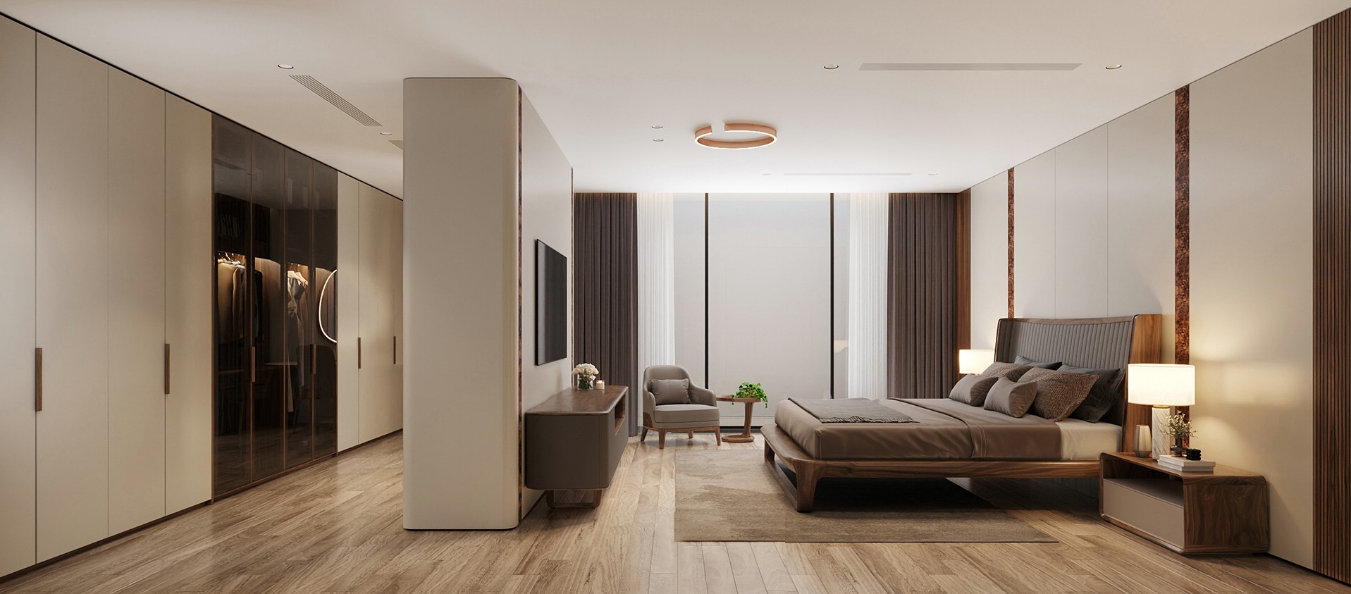 Phòng ngủ với giường gỗ óc chó chân chữ U, tủ kính cánh laminate và kệ tivi hình hộp