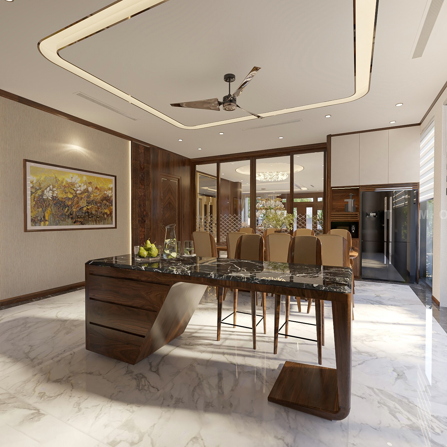 Quầy bar bếp bằng gỗ óc chó mặt đá marble đen