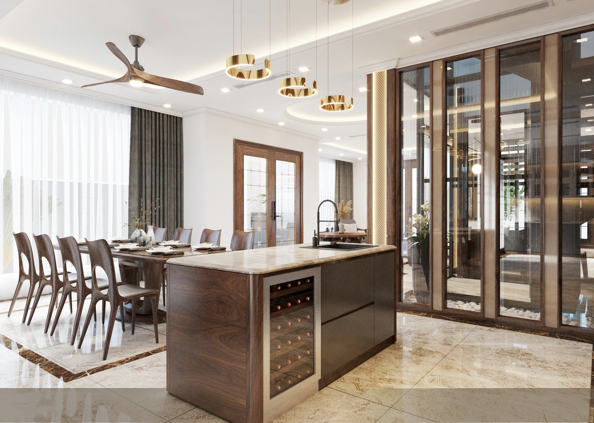 Quầy bar bếp gỗ veneer óc chó thiết kế hiện đại