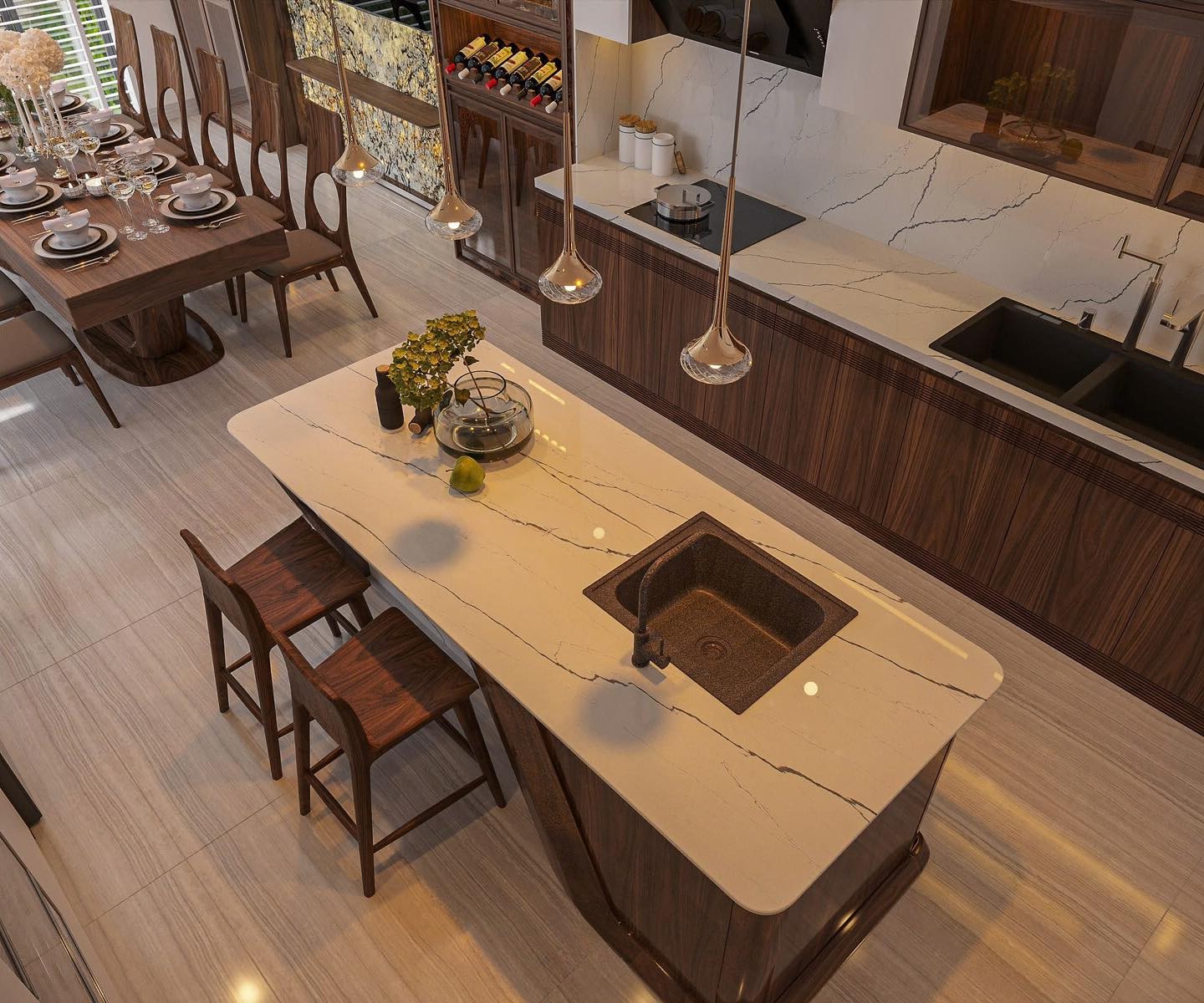 Quầy bar chữ L giữa bếp mặt đá marble trắng vân mây đen, chân trụ vát chéo ốp gỗ, kèm bồn rửa và 2 ghế gỗ cao