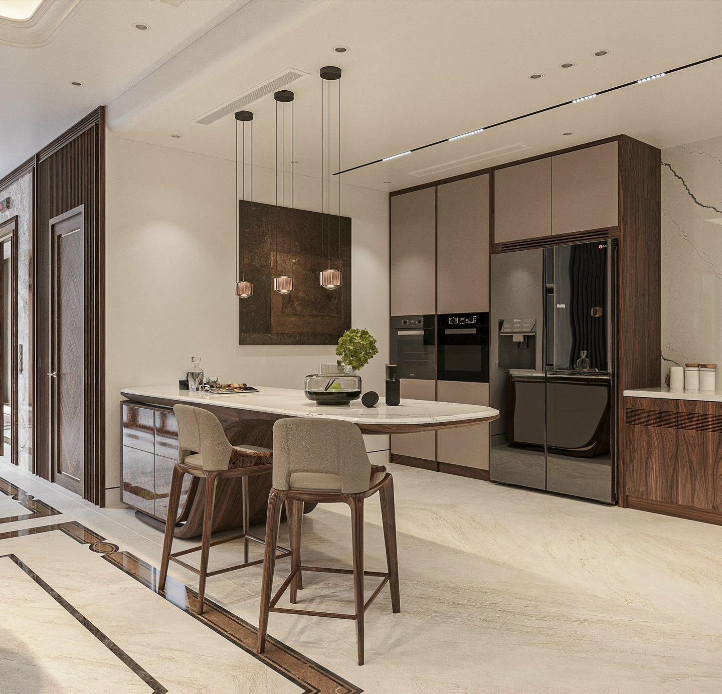 Quầy bar đẹp trong nhà gỗ óc chó mặt đá marble trắng vân đen