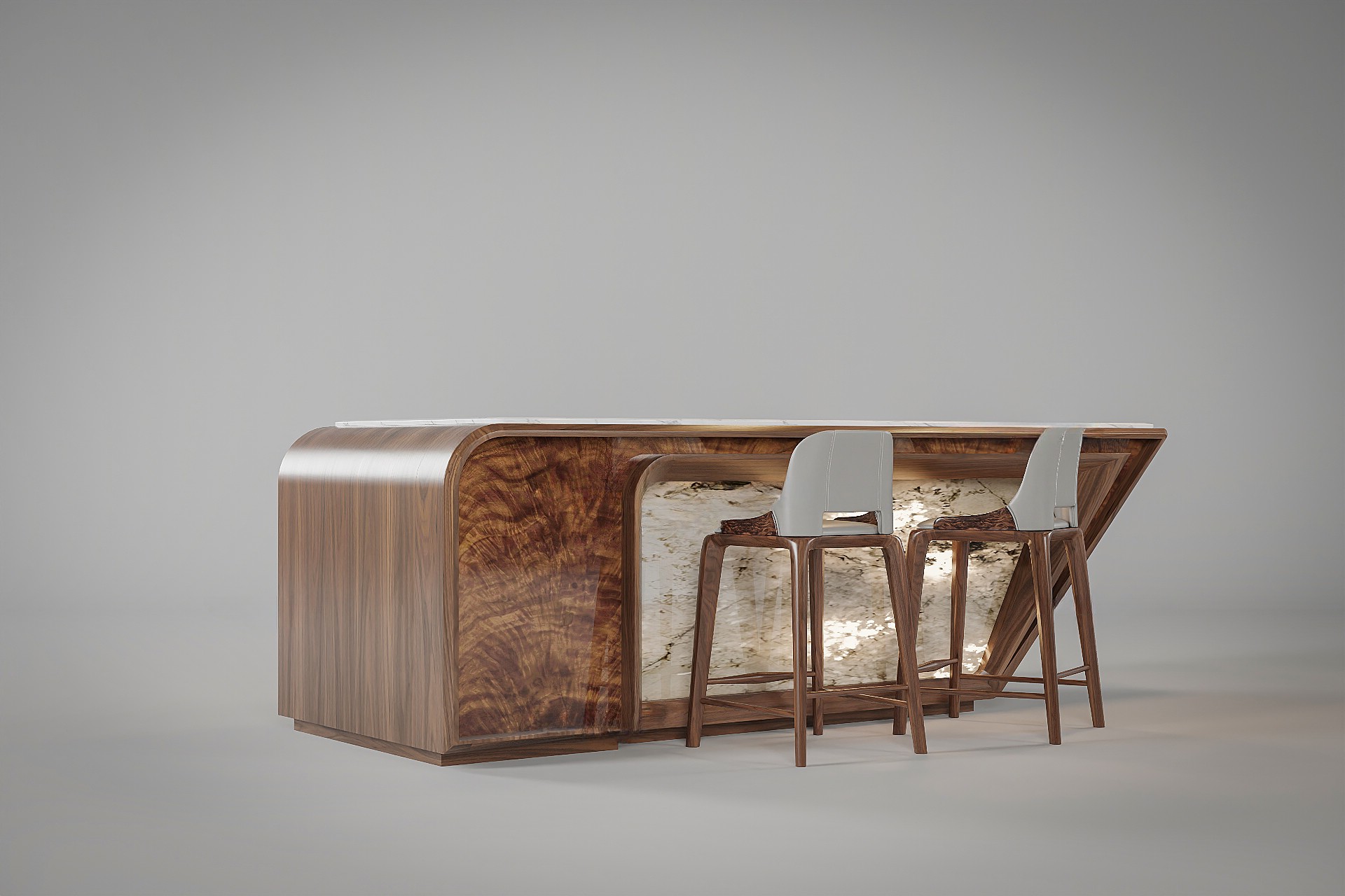 Quầy bar gỗ tự nhiên đẹp gỗ óc chó liền khối uốn cong