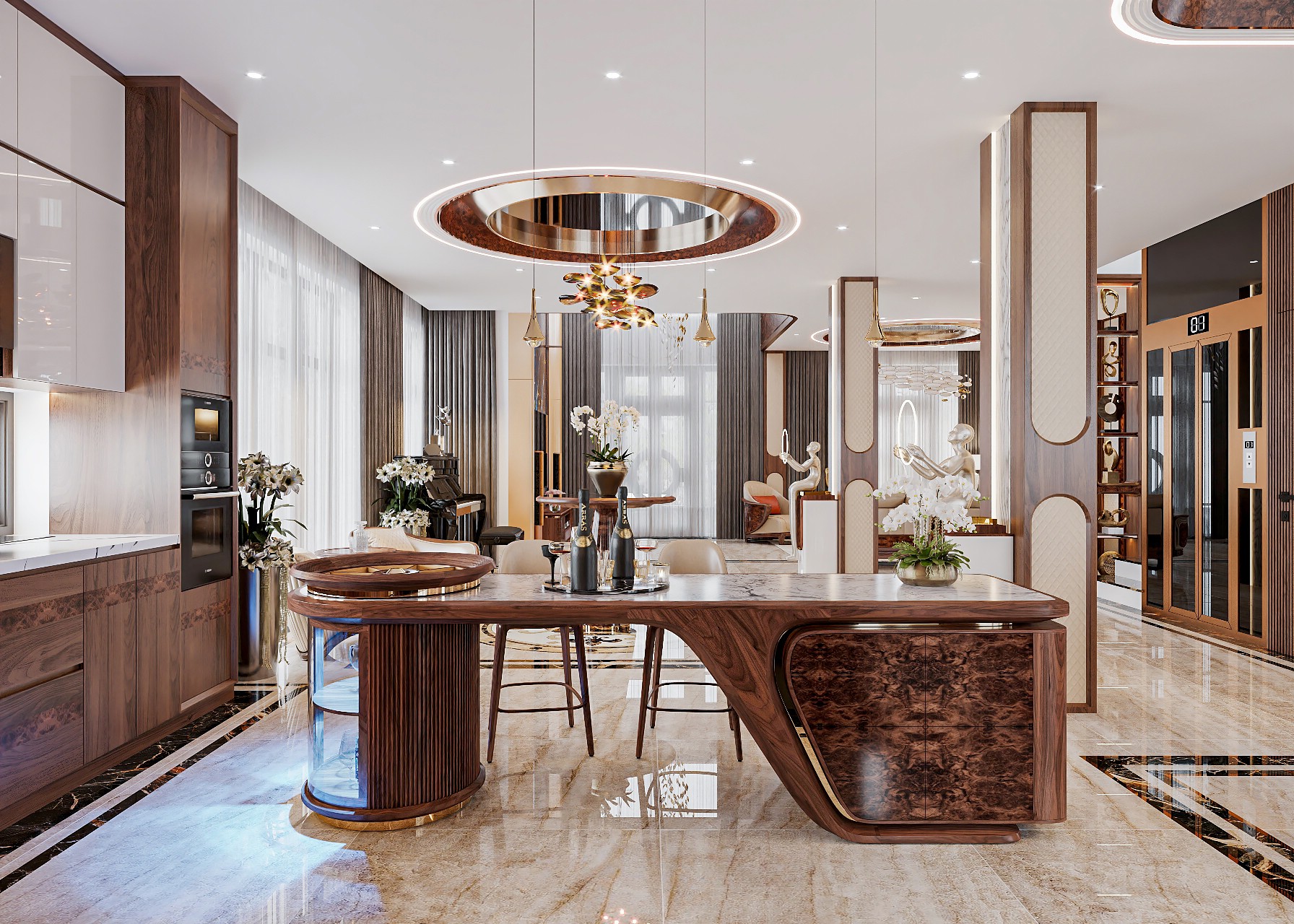 Quầy bar ngăn bếp và phòng khách gỗ óc chó tích hợp tủ kính