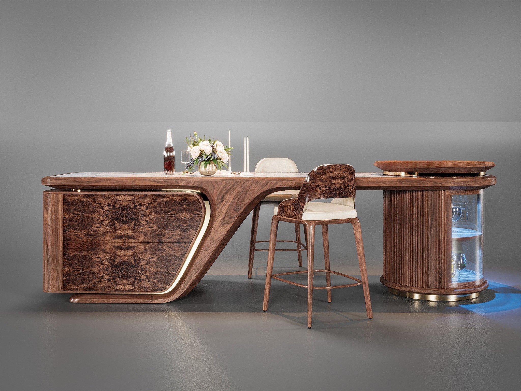 Quầy bar nhà bếp gỗ óc chó mặt đá marble trắng vân xám