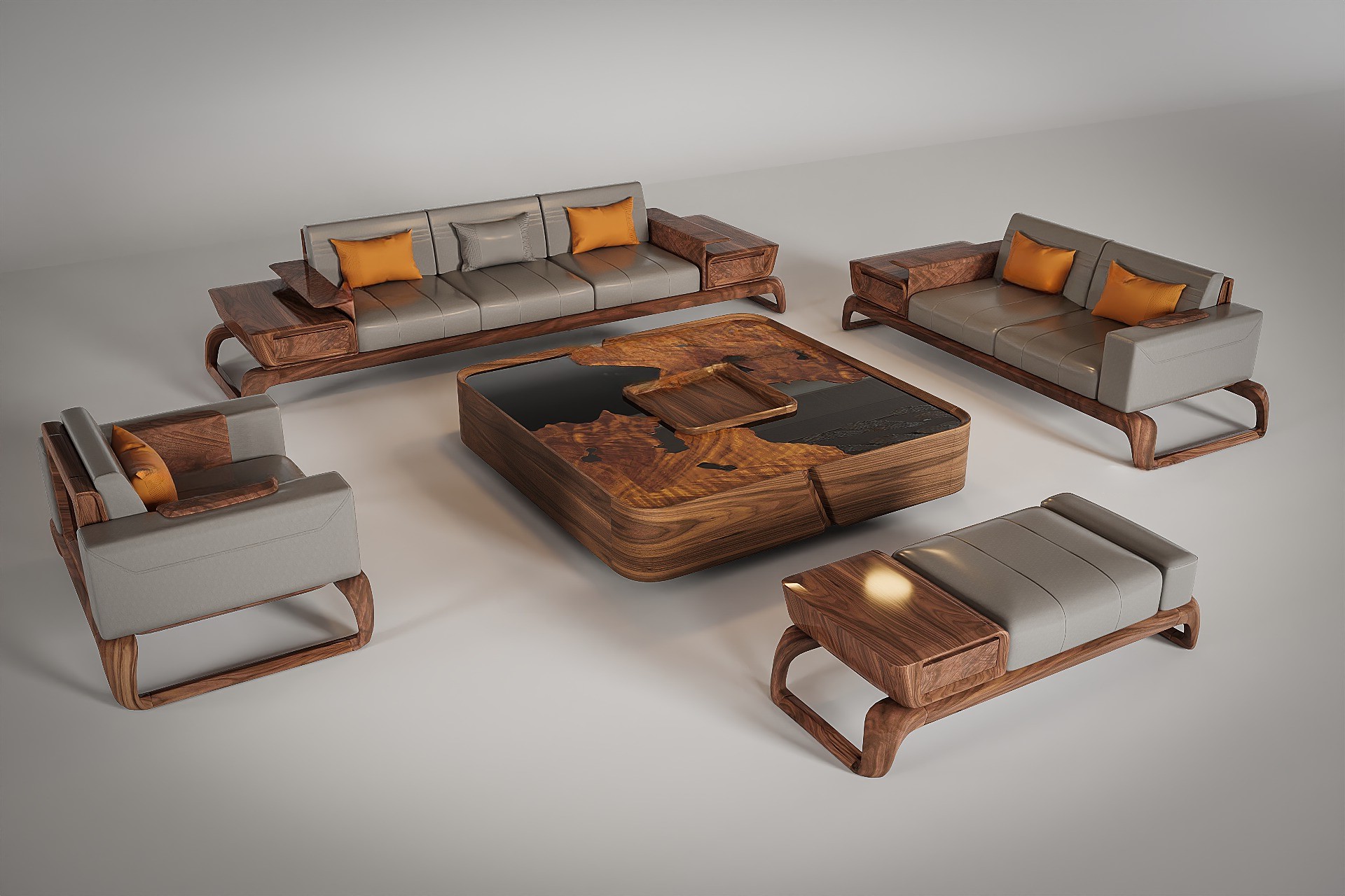 Sofa gỗ cao cấp với chất liệu gỗ óc chó hoặc gỗ gụ và bàn trà nguyên khối sang trọng