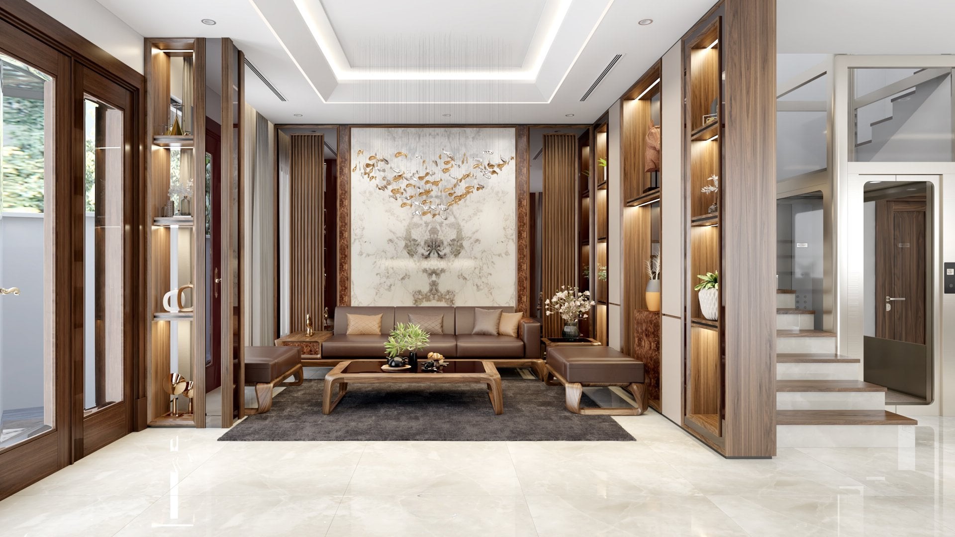 Sofa gỗ cho phòng khách nhỏ chất liệu gỗ óc chó với thiết kế chân chữ U cong và bàn trà kính đen