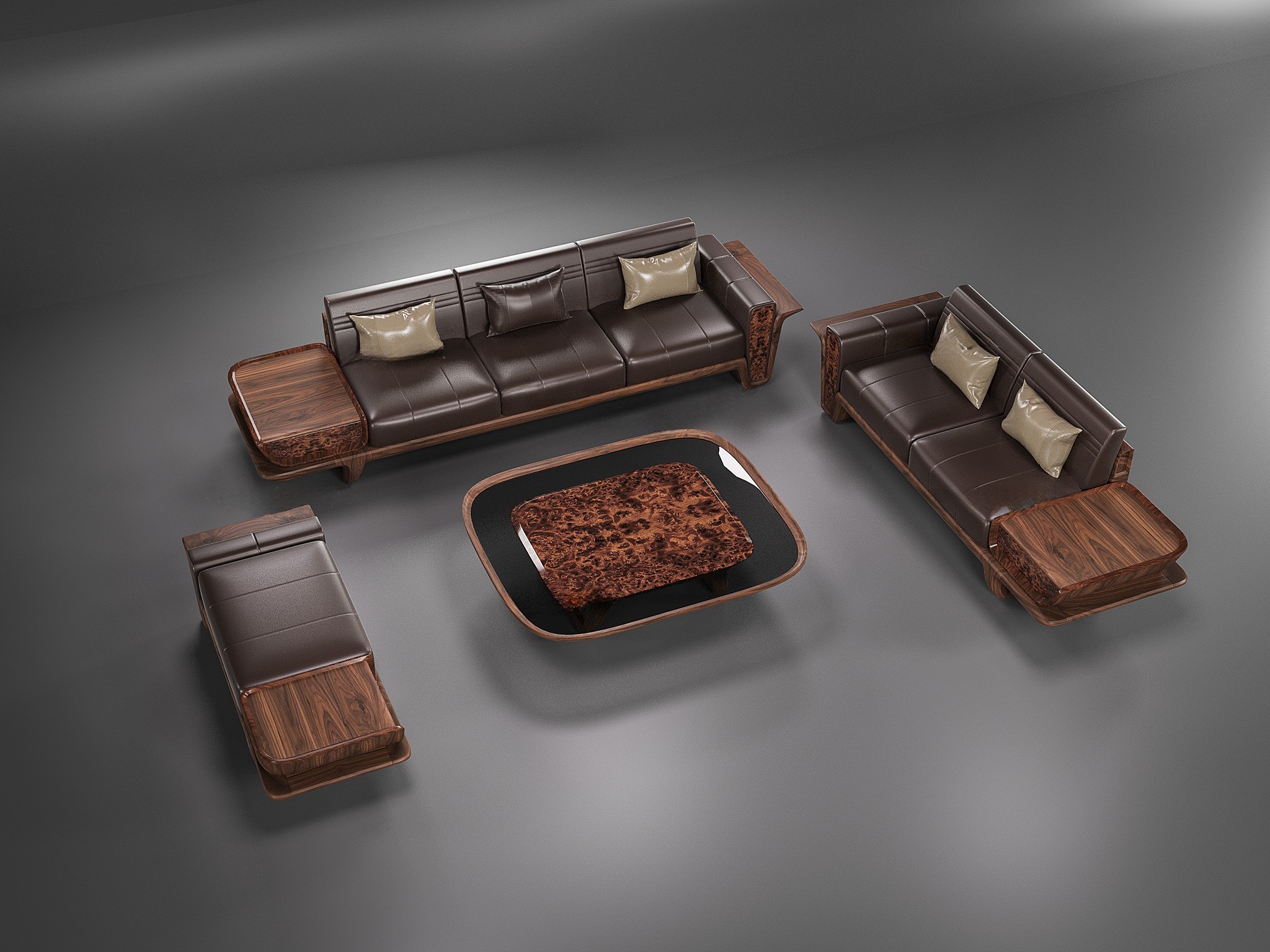 Sofa gỗ da hiện đại màu nâu đậm cho phòng khách