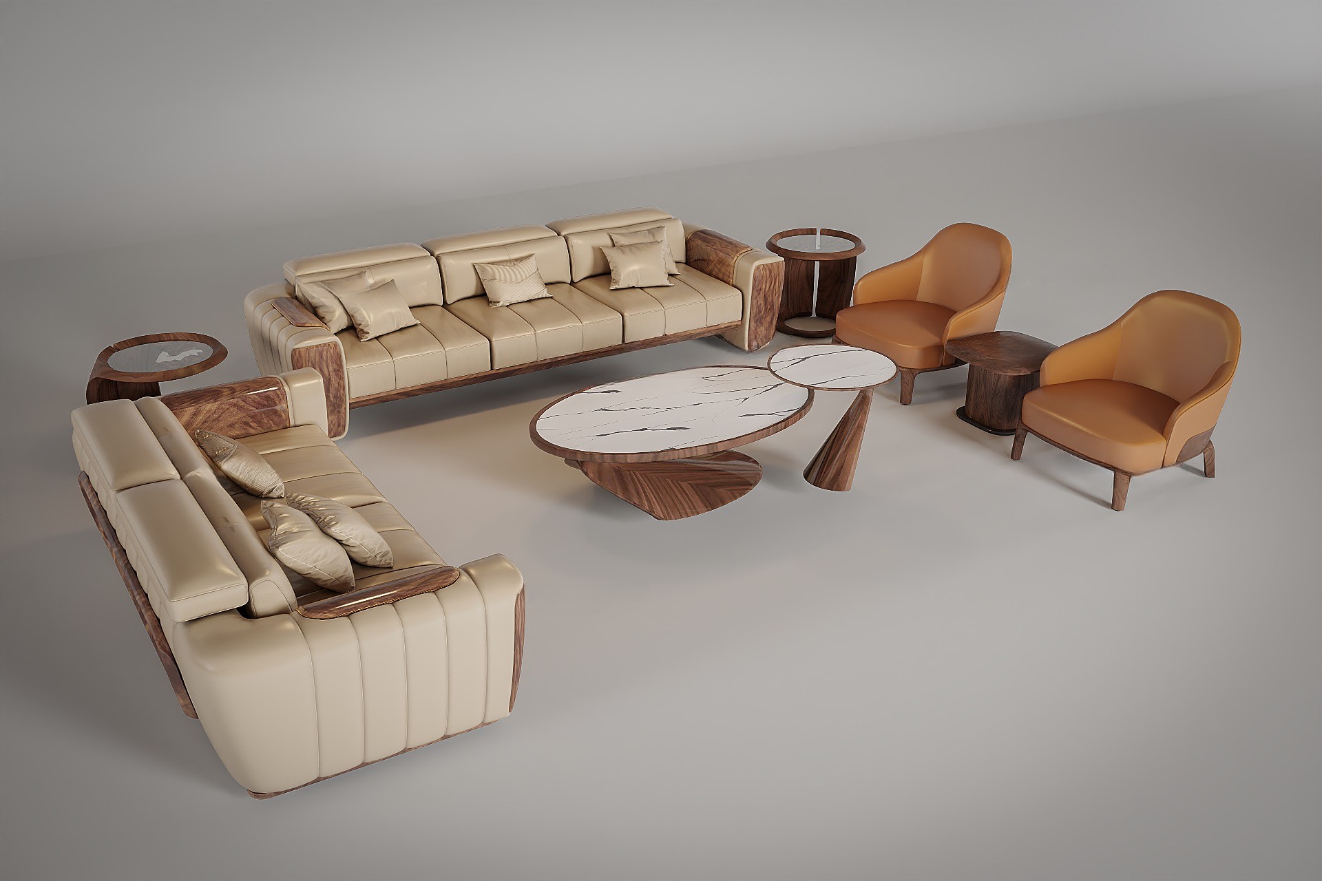 Bộ sofa gỗ da màu kem vàng, khung gỗ veneer nu và bàn trà 2 tầng hiện đại