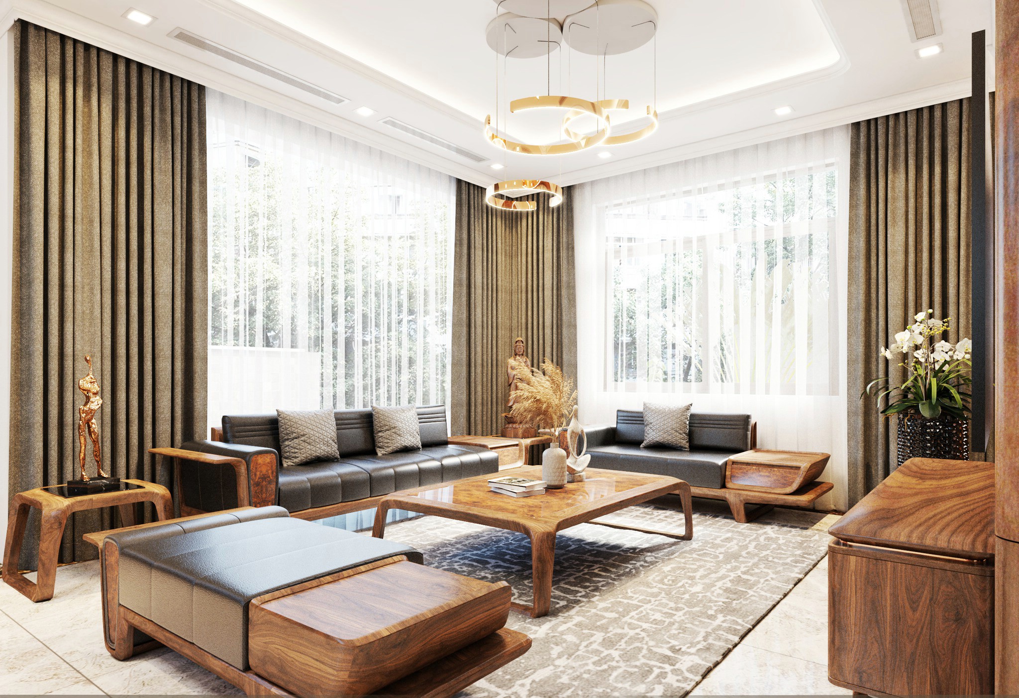 Sofa gỗ đẹp hiện đại khung gỗ óc chó với đệm bọc da đen sang trọng