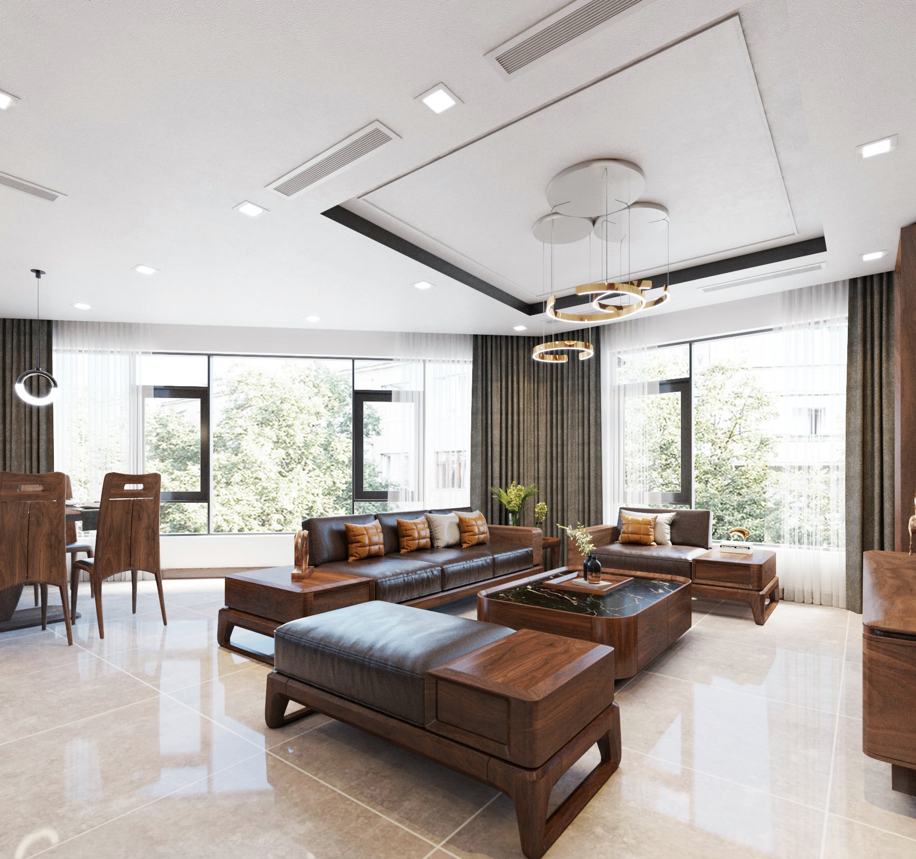 Sofa gỗ đơn giản hiện đại chữ U với bàn trà mặt đá đen vân sáng