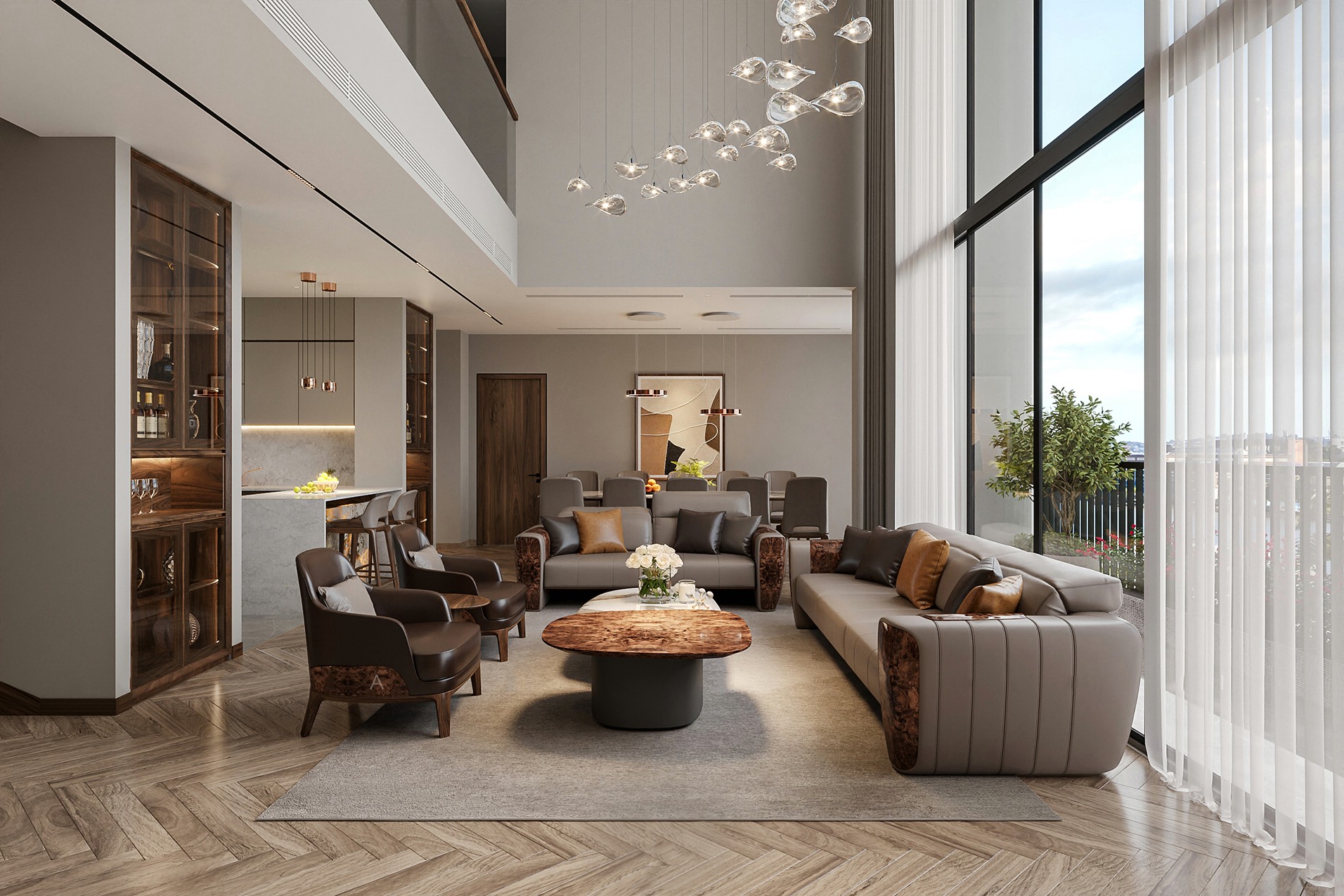 Sofa gỗ nệm hiện đại với khung gỗ óc chó và đệm bọc vải