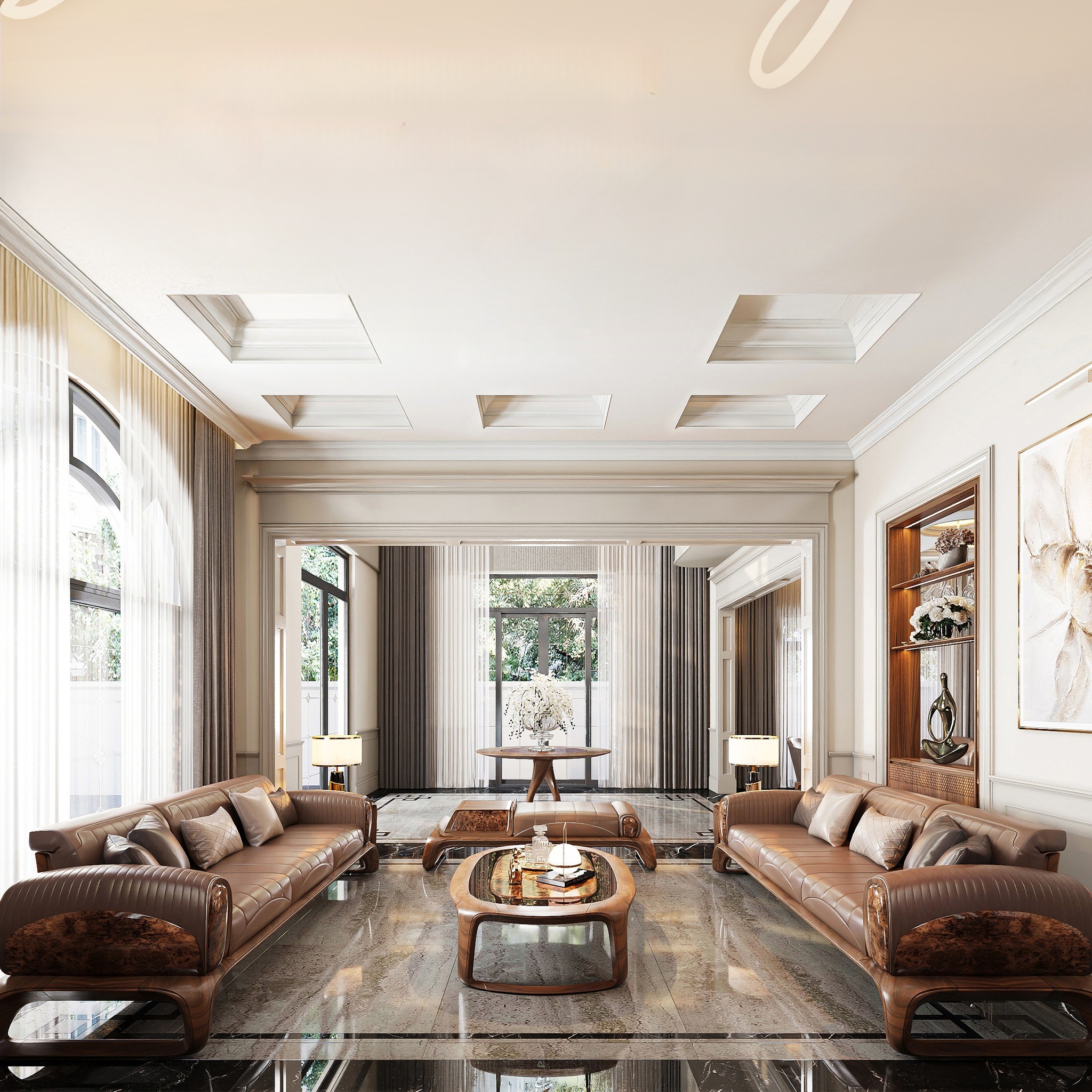 Sofa gỗ phòng khách hiện đại khung gỗ óc chó với bàn trà mặt đá đen