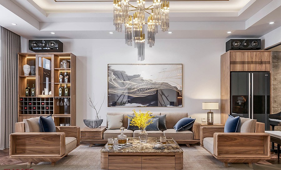 Sofa gỗ sồi hiện đại tông nâu ấm