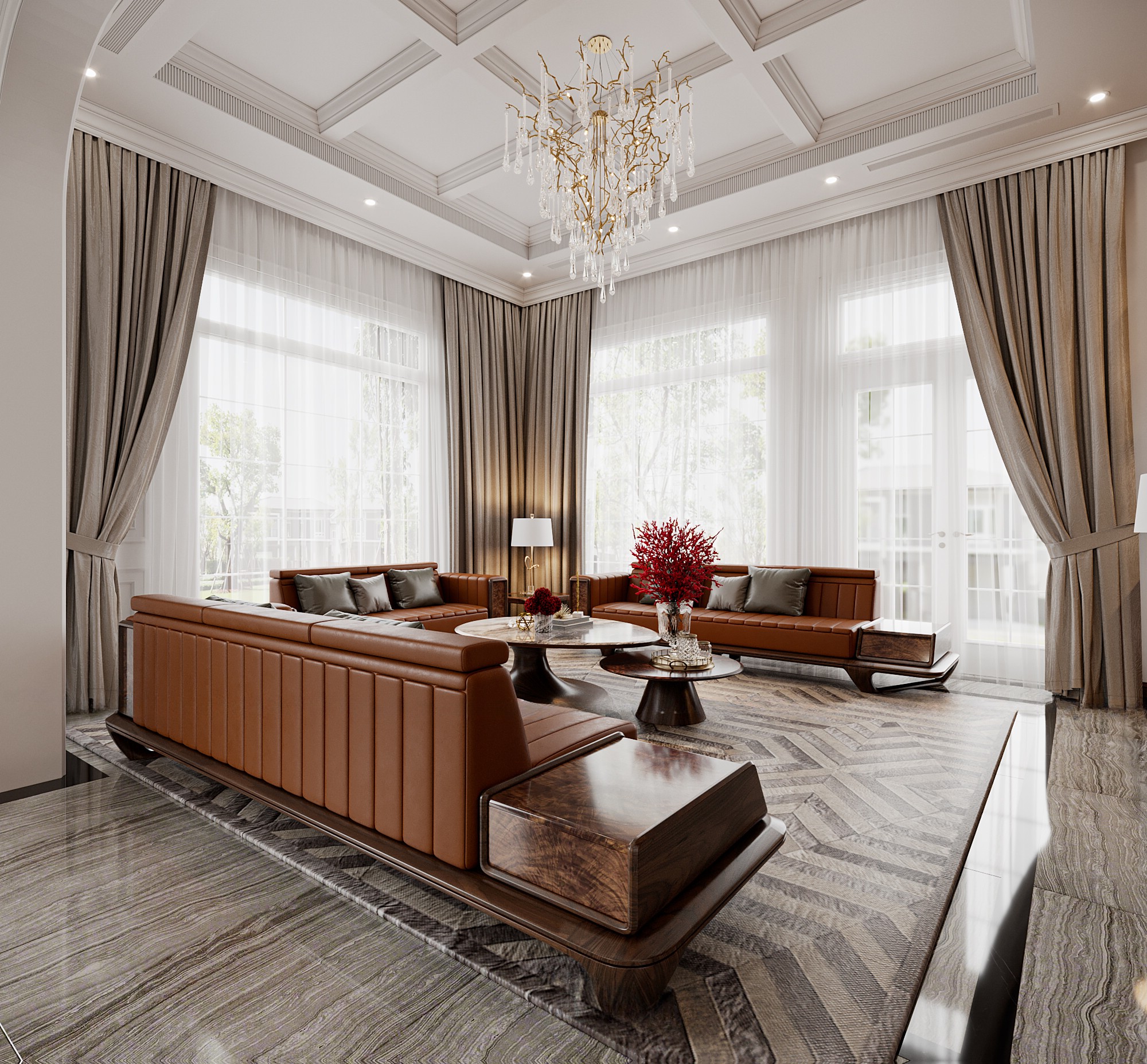 Sofa gỗ tự nhiên với sofa văng song song và đệm da cam đất sang trọng