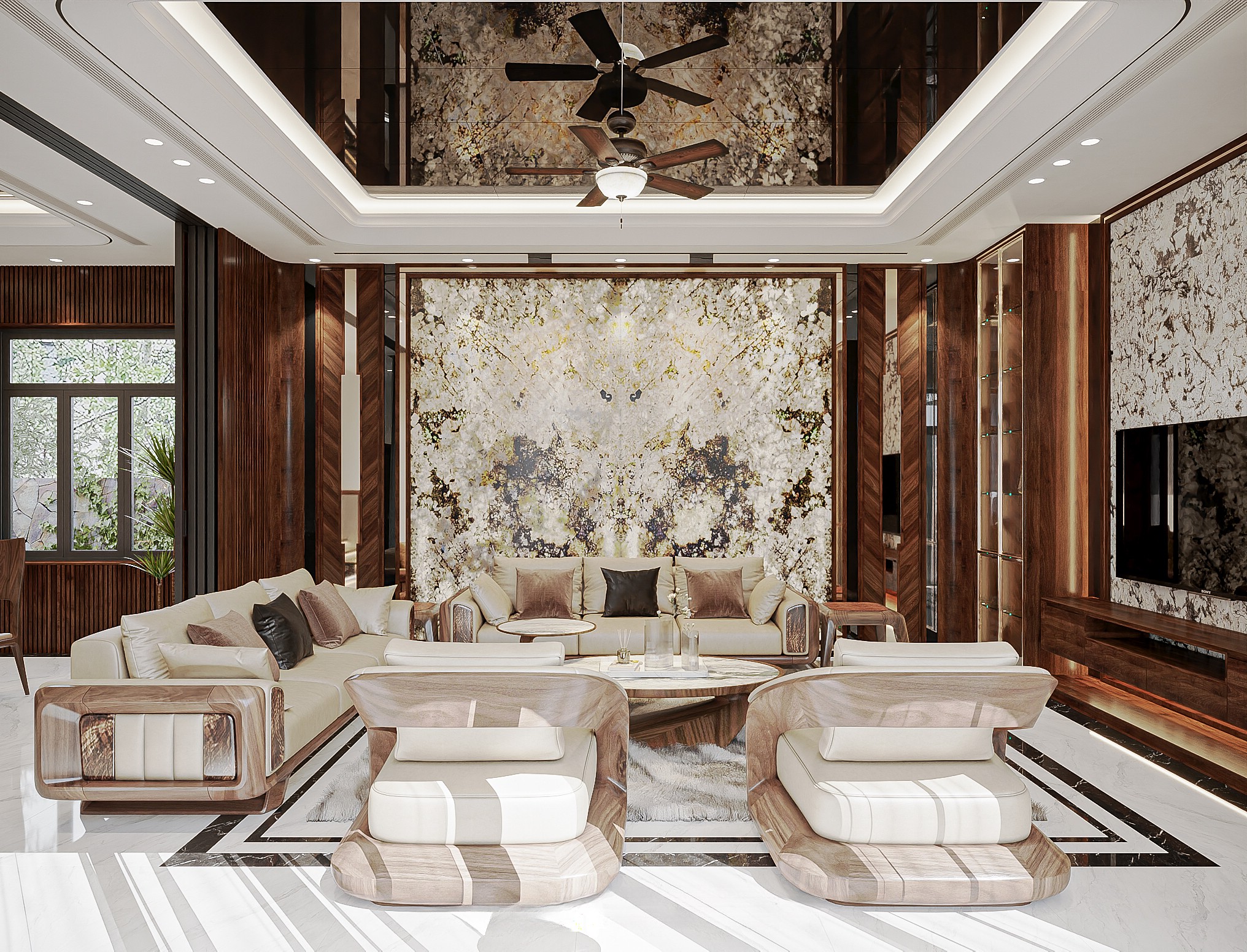 Bộ sofa gỗ phòng khách tông màu nâu – kem kết hợp bàn trà mặt đá trắng 2 tầng