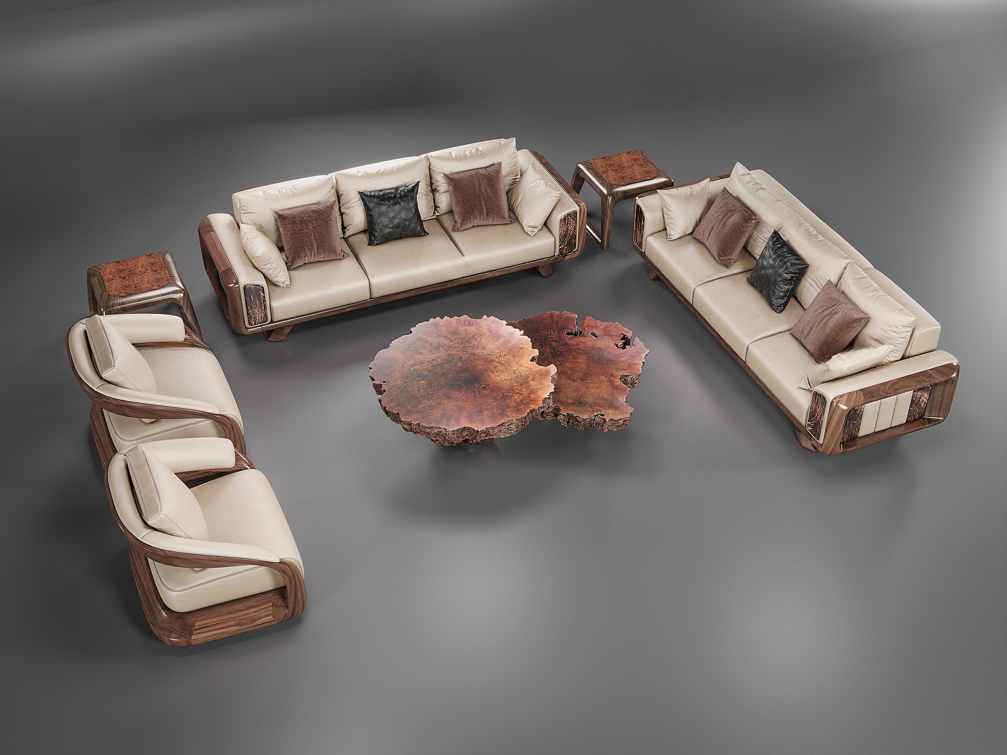 Bộ sofa óc chó chữ L kết hợp Nu gỗ và đệm da màu trắng sữa