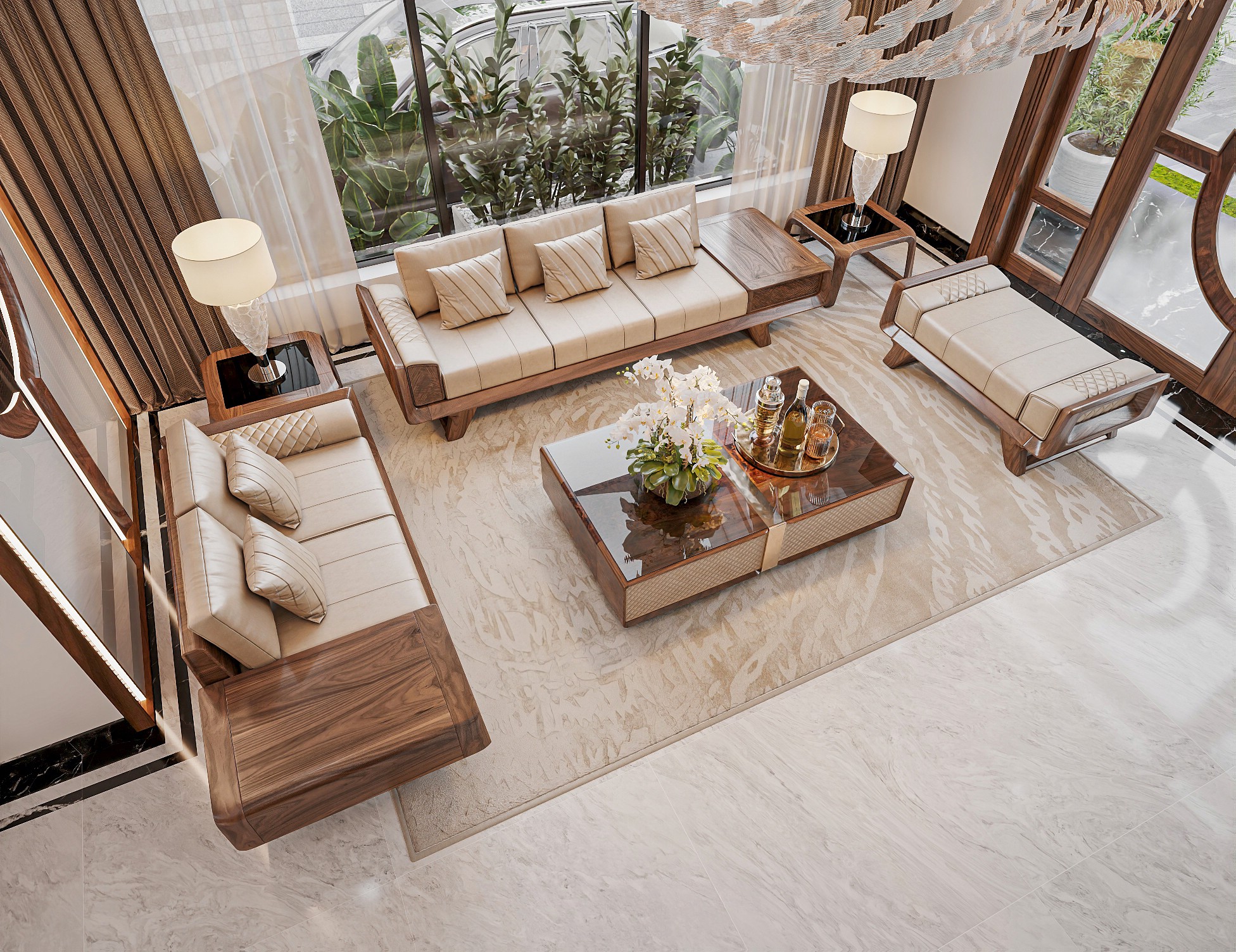 Bộ sofa gỗ óc chó gồm ghế băng, ghế đơn, bàn trà vuông phối kính và da sang trọng