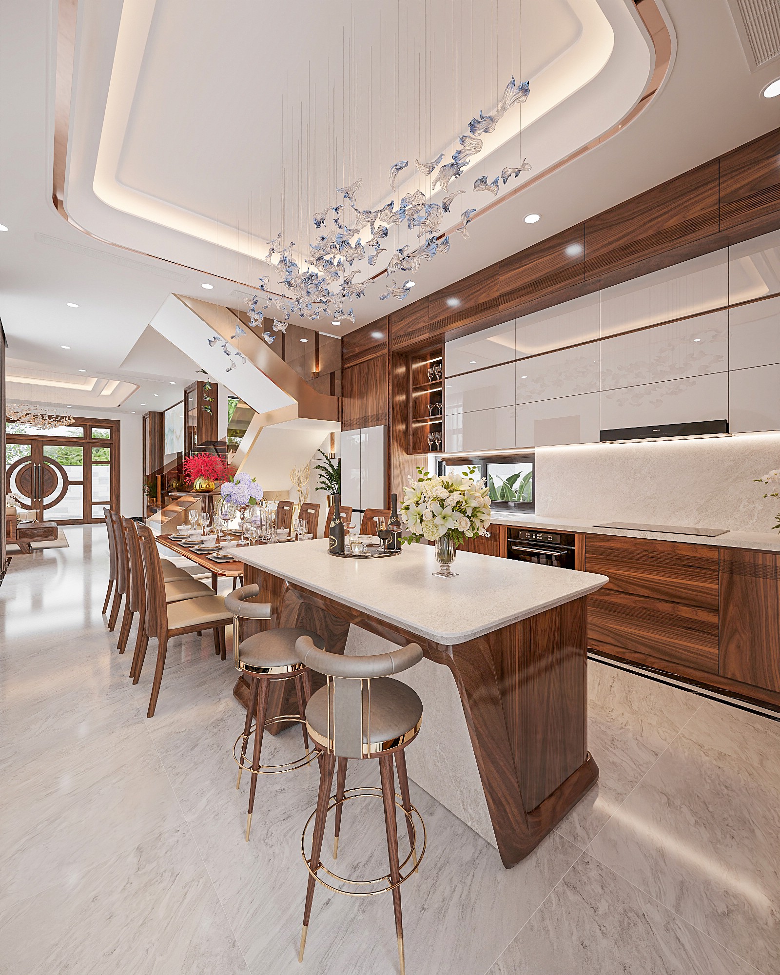 Thi công nội thất biệt thự phòng bếp sang trọng tông sáng