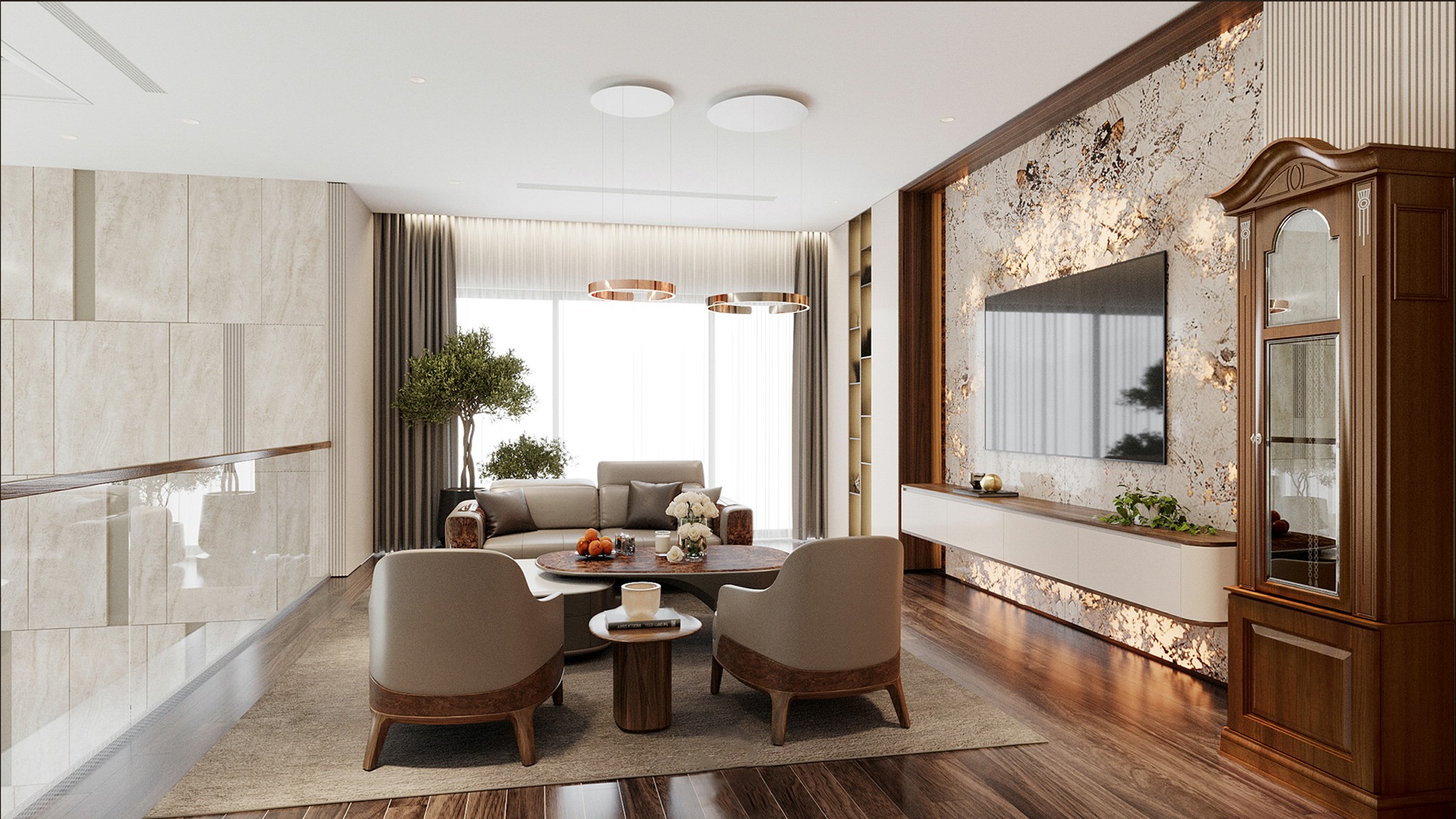 Thi công nội thất chung cư gỗ óc chó sang trọng