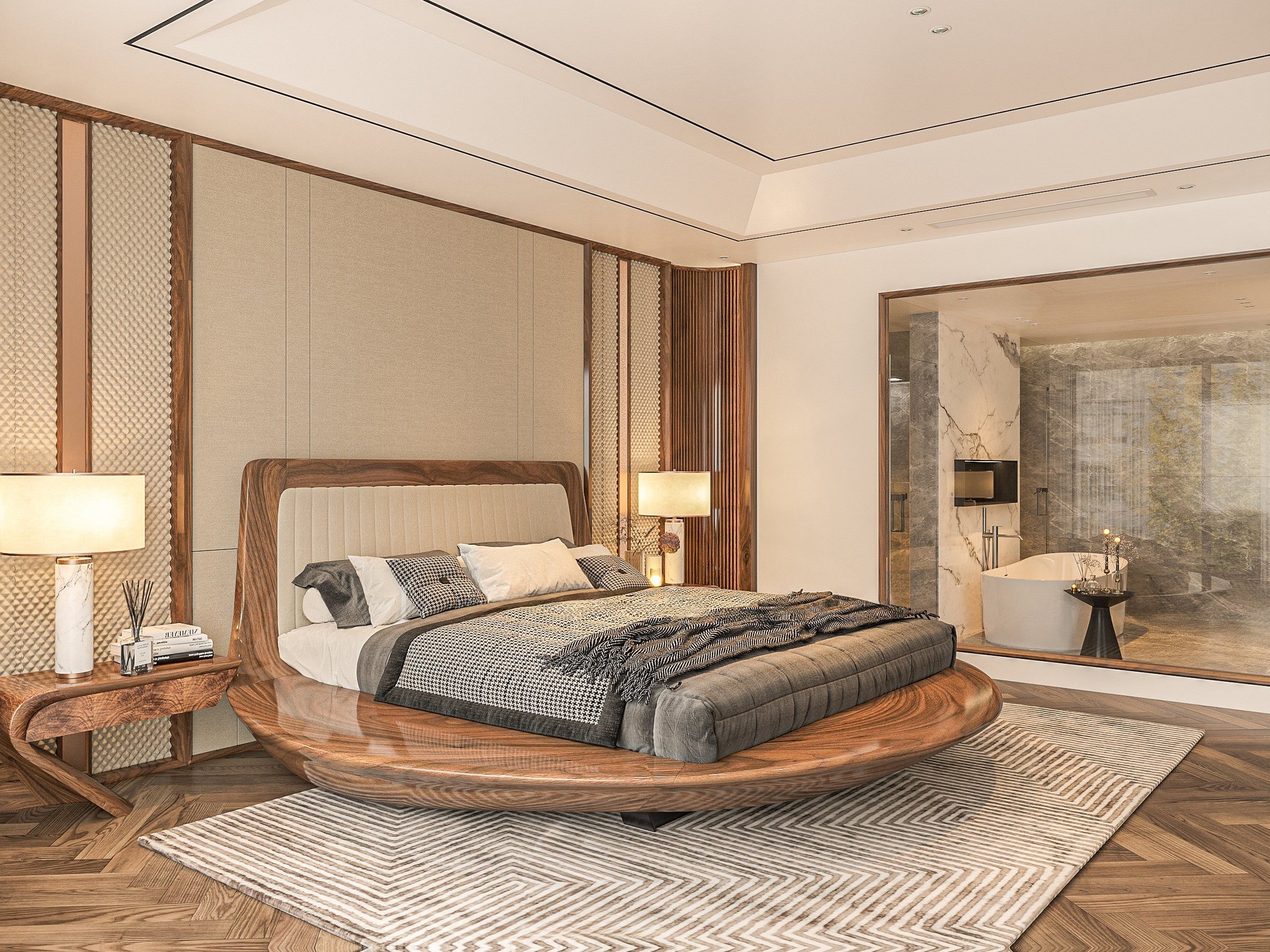 Thiết kế giường ngủ hình tròn gỗ óc chó đầu giường bọc da PU