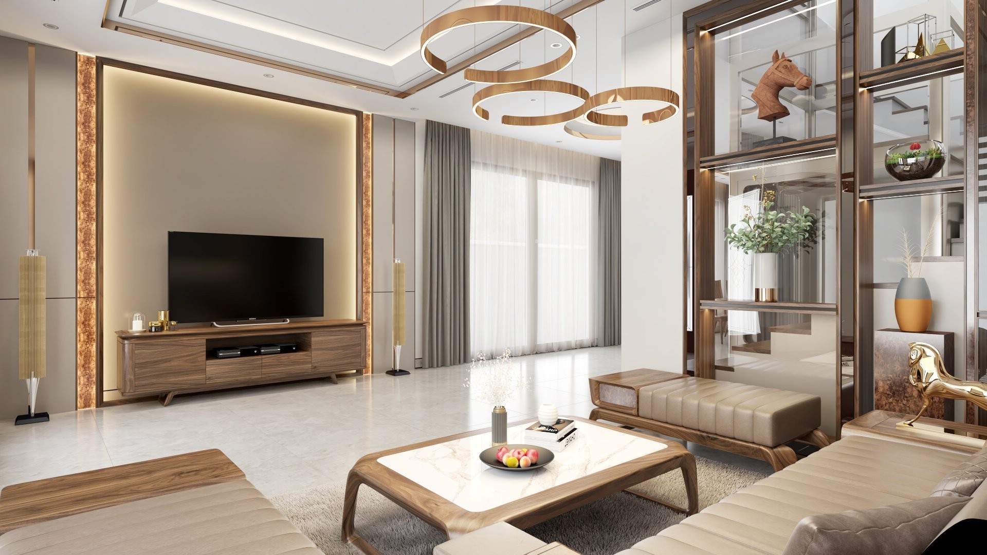 Thiết kế kệ tivi phòng khách đẹp gỗ óc chó