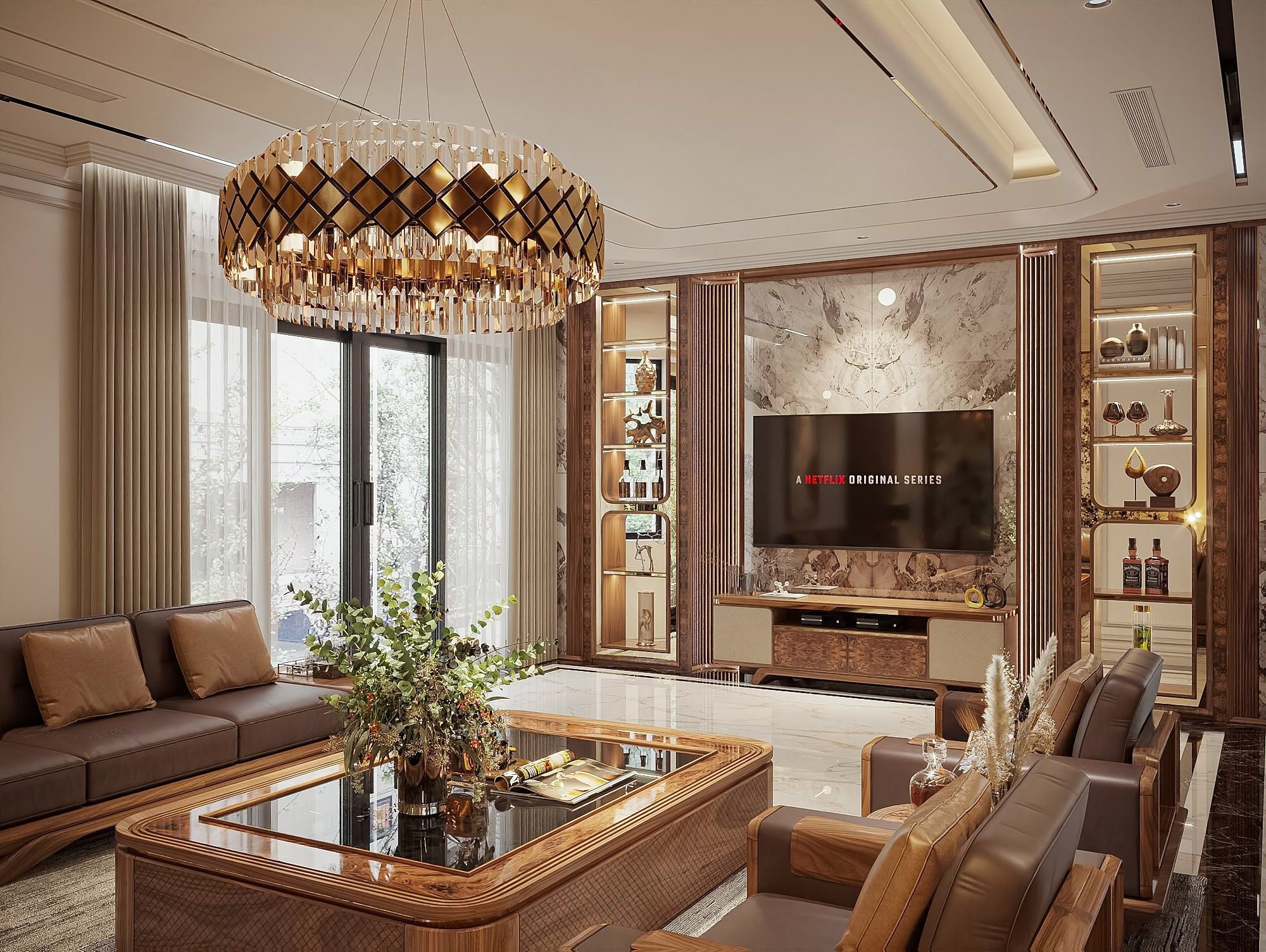 Thiết kế kệ tivi phòng khách chân chữ U thấp với họa tiết CNC quả trám trắng be