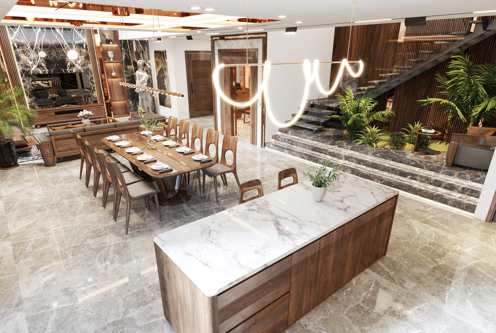 Thiết kế nội thất biệt thự cao cấp với gỗ óc chó và marble trắng sang trọng