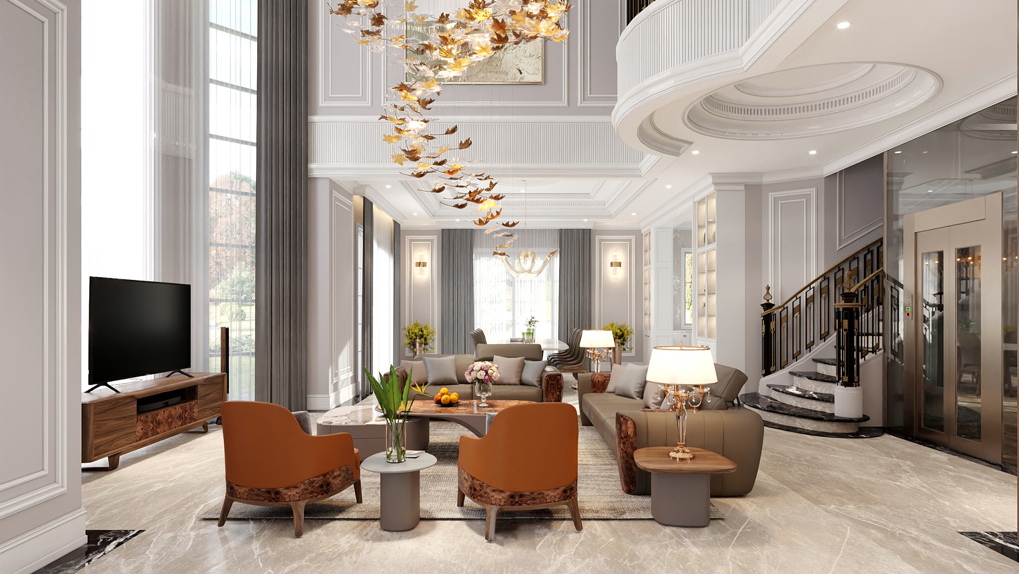 Thiết kế nội thất biệt thự liền kề với phòng khách thông tầng và đèn chùm hình lá