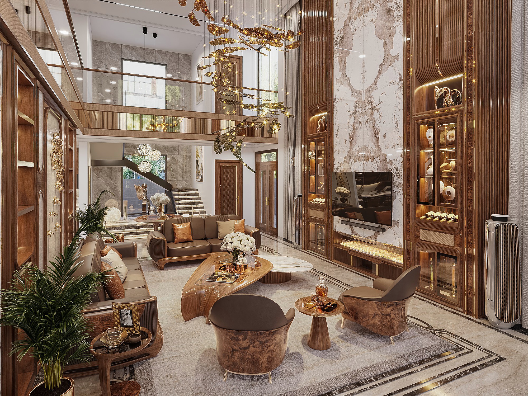 Thiết kế nội thất biệt thự luxury phòng khách thông tầng