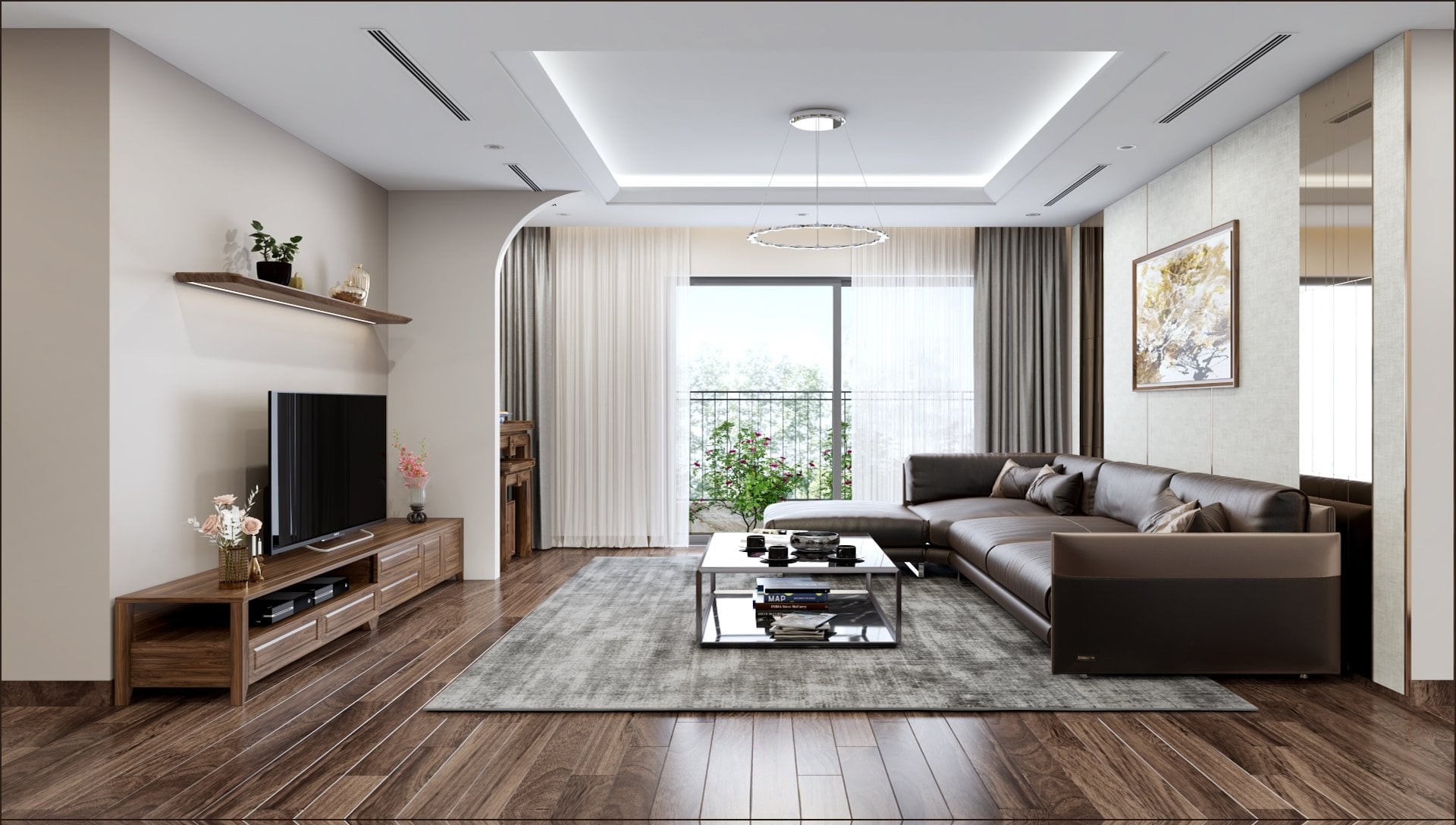 Thiết kế nội thất phòng khách chung cư tông nâu trắng với sofa chữ L và kệ tivi 6 ngăn
