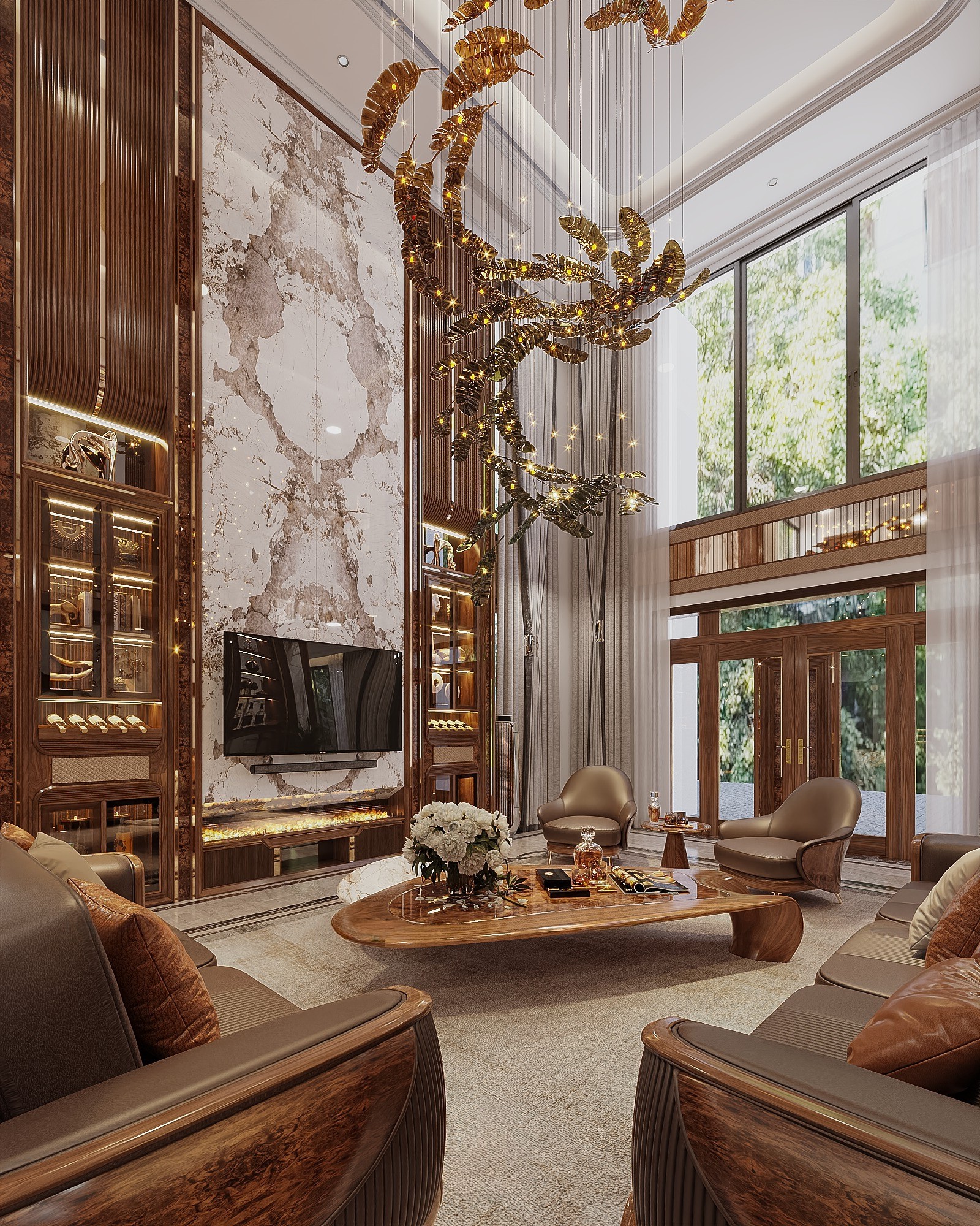 thiết kế nội thất hiện đại phòng khách sofa da nâu socola bàn trà veneer vân nu tủ rượu cánh kính