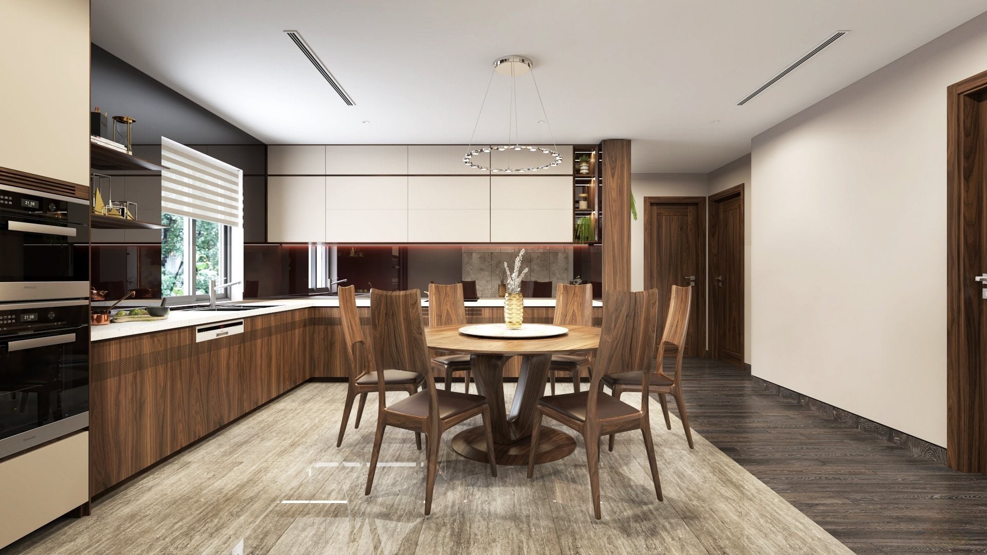 Thiết kế nội thất phòng bếp hiện đại với bàn ăn gỗ tròn và tủ bếp chữ L veneer – acrylic